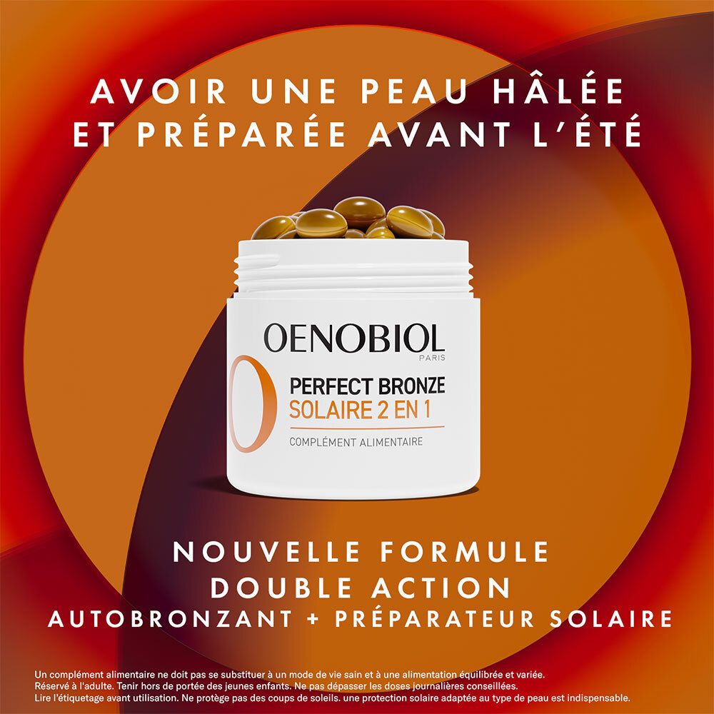 Weiße Dose mit OENOBIOL-Aufschrift. PERFECT BRONZE SOLAIRE 2 EN 1. Neue Formel. Doppelwirkung.