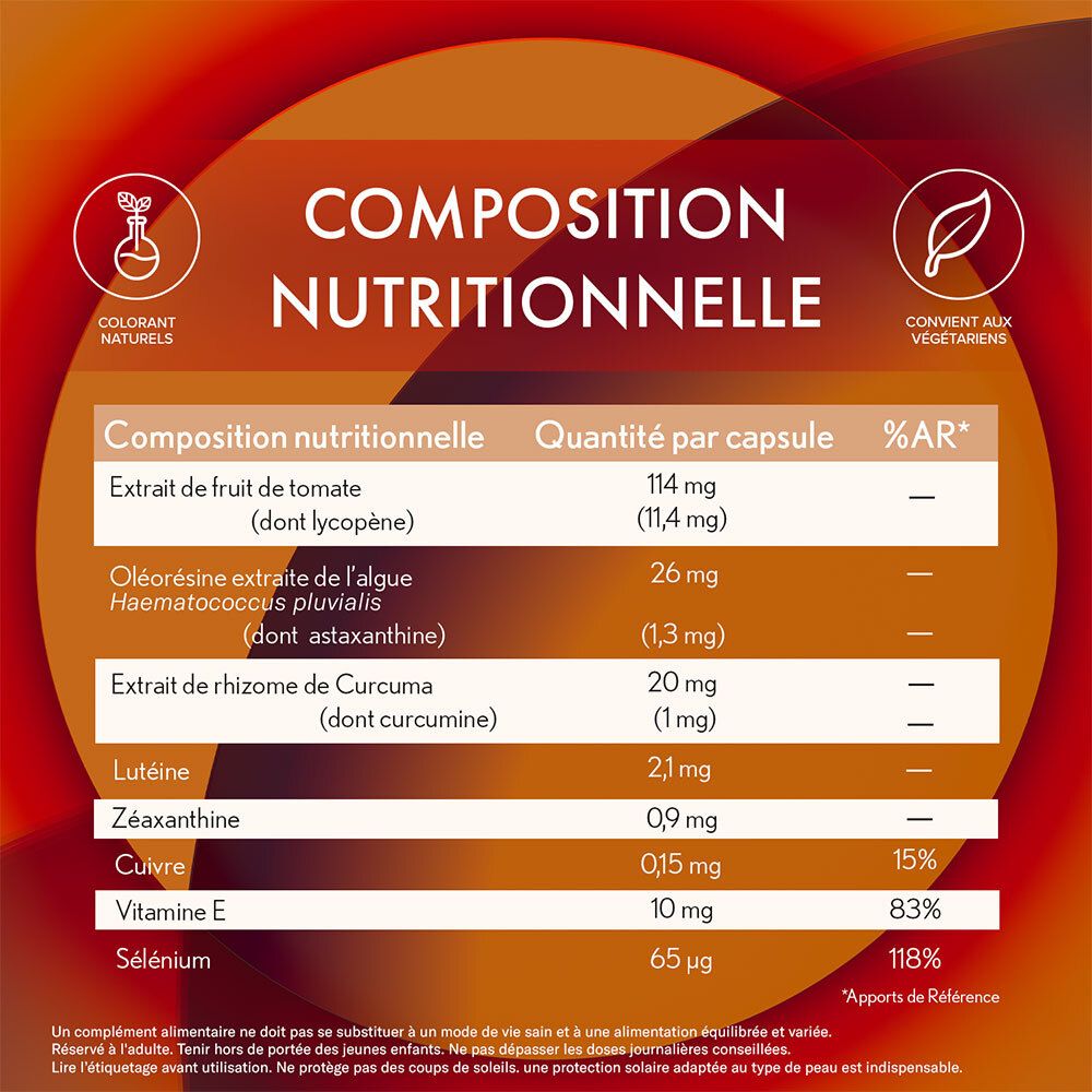 Nährwerttabelle. PERFECT BRONZE SOLAIRE 2 EN 1. Inhaltsstoffe: Lycopin, Astaxanthin, Curcumin, etc.