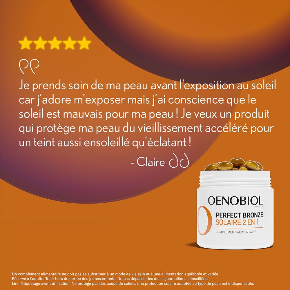 Weiße Dose mit OENOBIOL-Aufschrift. PERFECT BRONZE SOLAIRE 2 EN 1. Zitat von Claire.