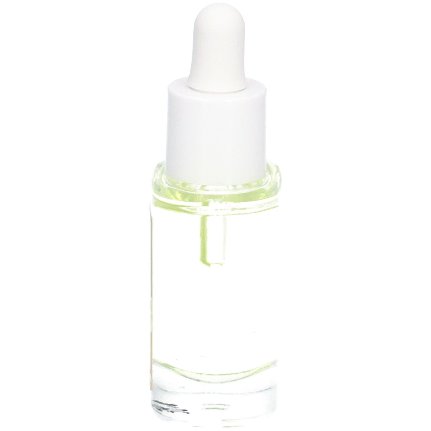 Glasflakon mit weißem Verschluss und Pipette. Klare Flüssigkeit sichtbar. Produktname nicht erkennbar.
