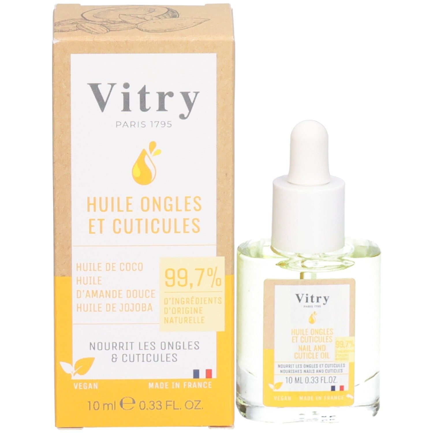 Produktflasche und Verpackung. Flasche mit weißem Verschluss und Pipette. Karton mit Produktinformationen.