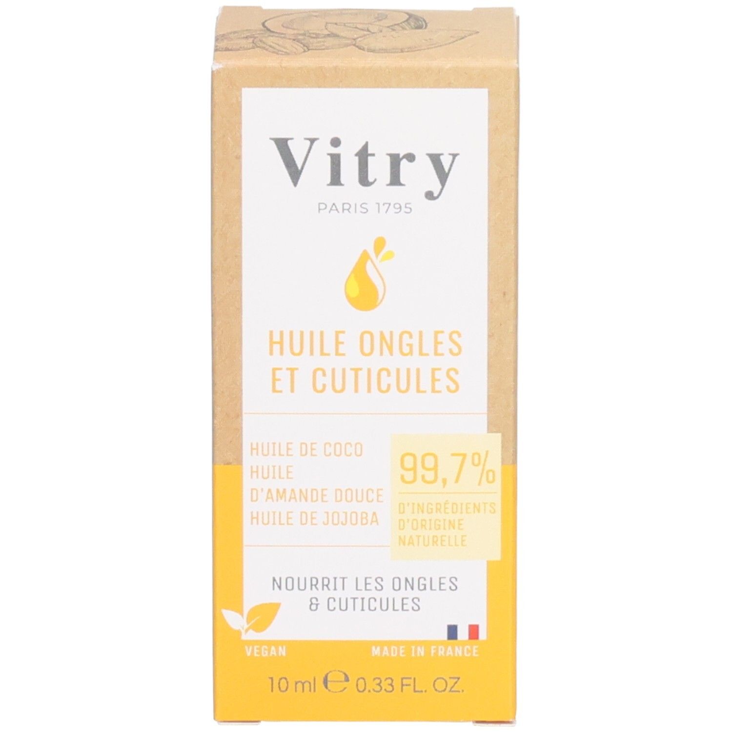 Produktverpackung. Karton mit Produktnamen und Inhaltsangaben. Französische Flagge. Vegan-Siegel.