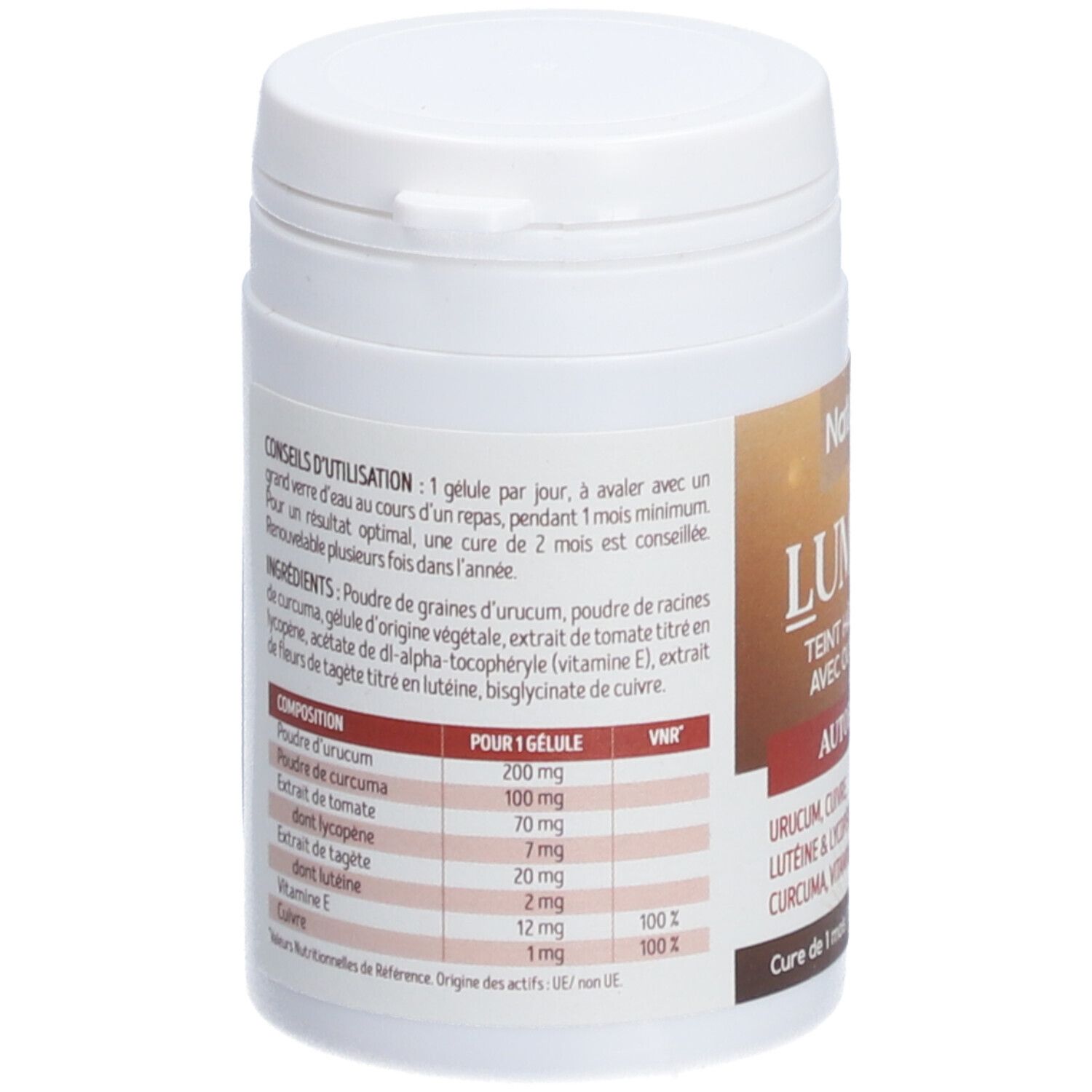 Dos d'un flacon blanc. Texte avec ingrédients et conseils d'utilisation. Tableau nutritionnel. Inscription française.