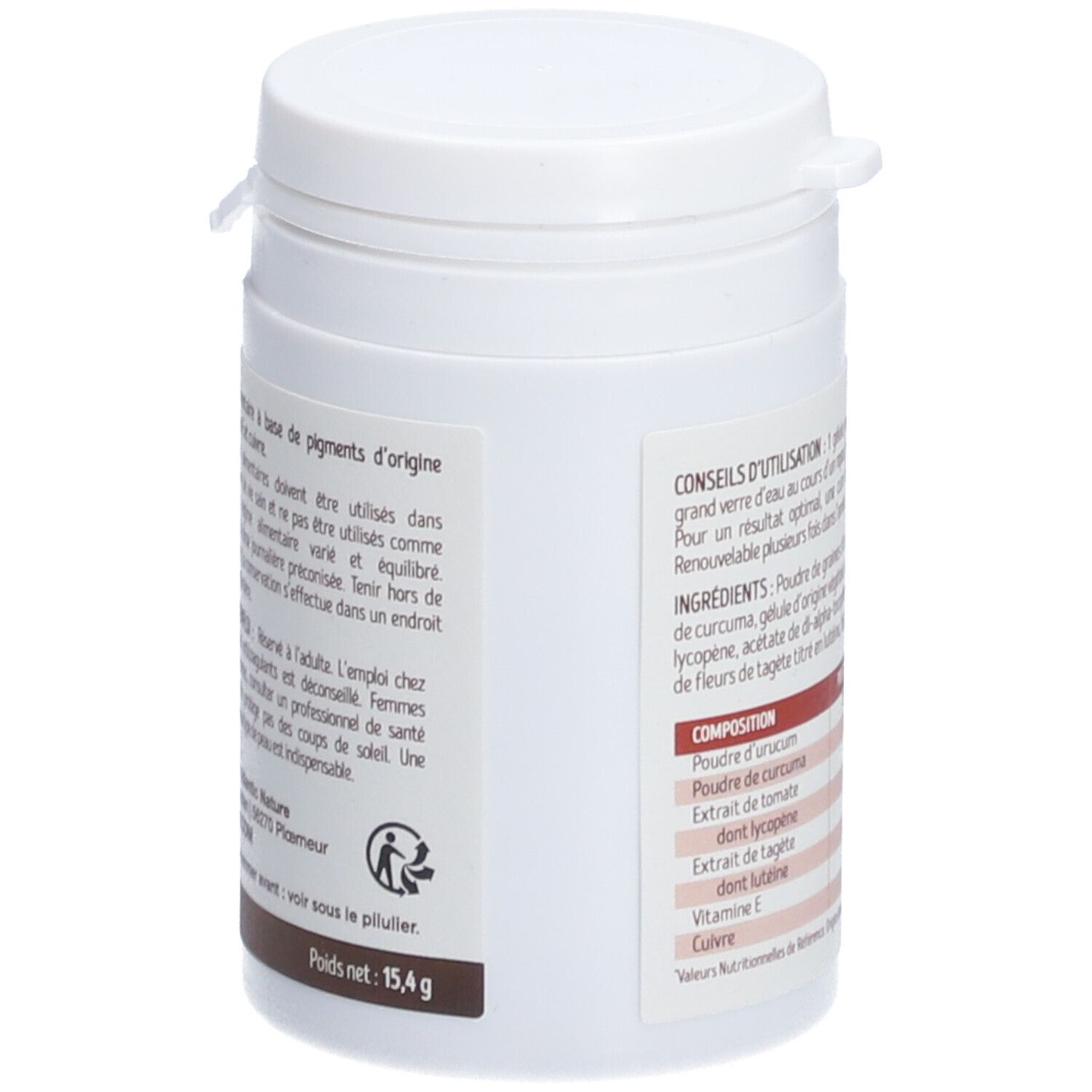 Flacon blanc, vue latérale. Texte avec avertissements et informations fabricant. Poids : 15,4 g. Inscription française.