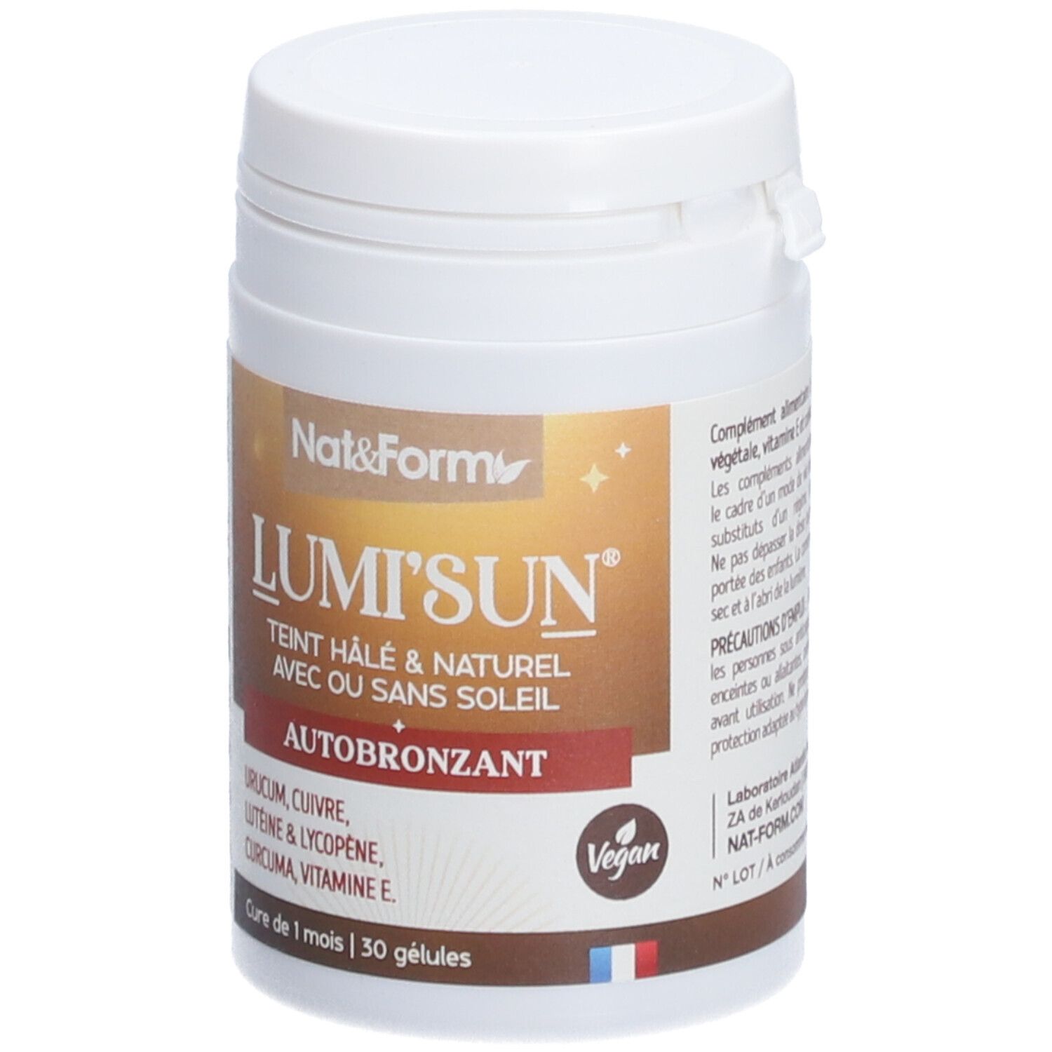 Flacon blanc avec couvercle. Étiquette avec nom du produit et ingrédients. Logo vegan. Drapeau français.