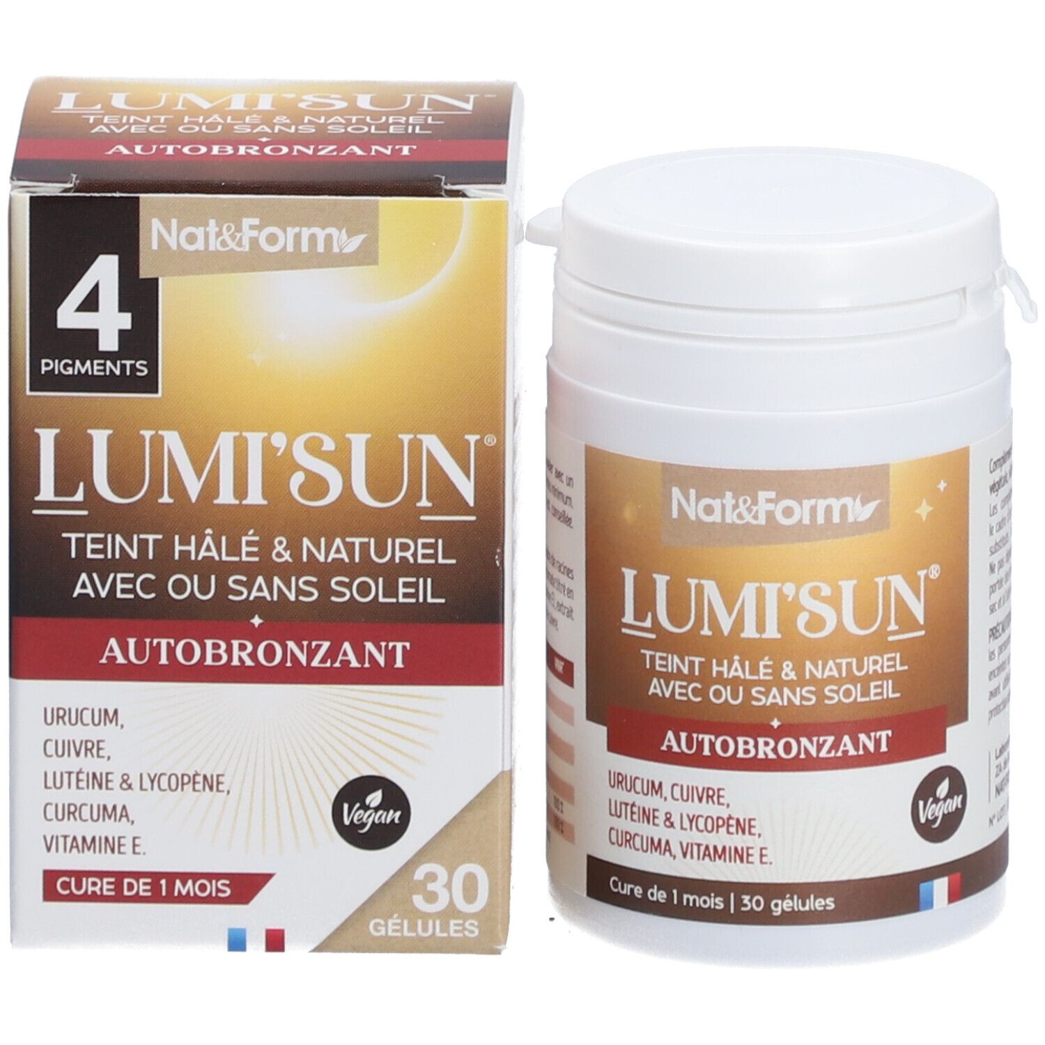 Boîte et flacon. Boîte avec nom du produit et ingrédients. Flacon avec nom du produit et ingrédients. Logo vegan.