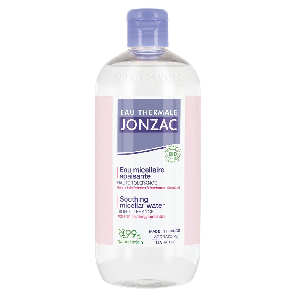 Klare Flasche mit blauem Deckel. Etikett mit Produktnamen und Bio-Siegel. Französische und englische Texte.