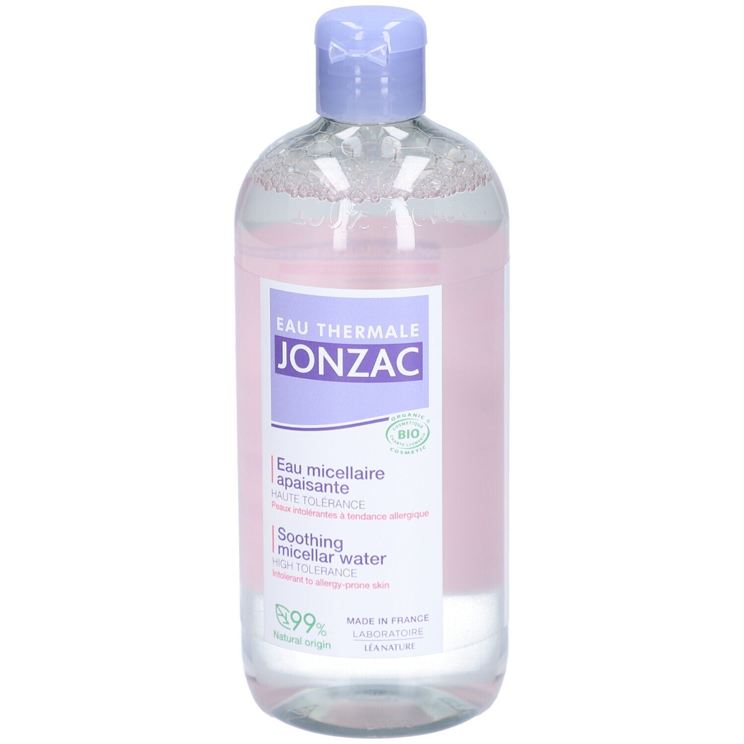 Klare Flasche mit blauem Deckel. Etikett mit Produktnamen und Bio-Siegel. Französische und englische Texte.