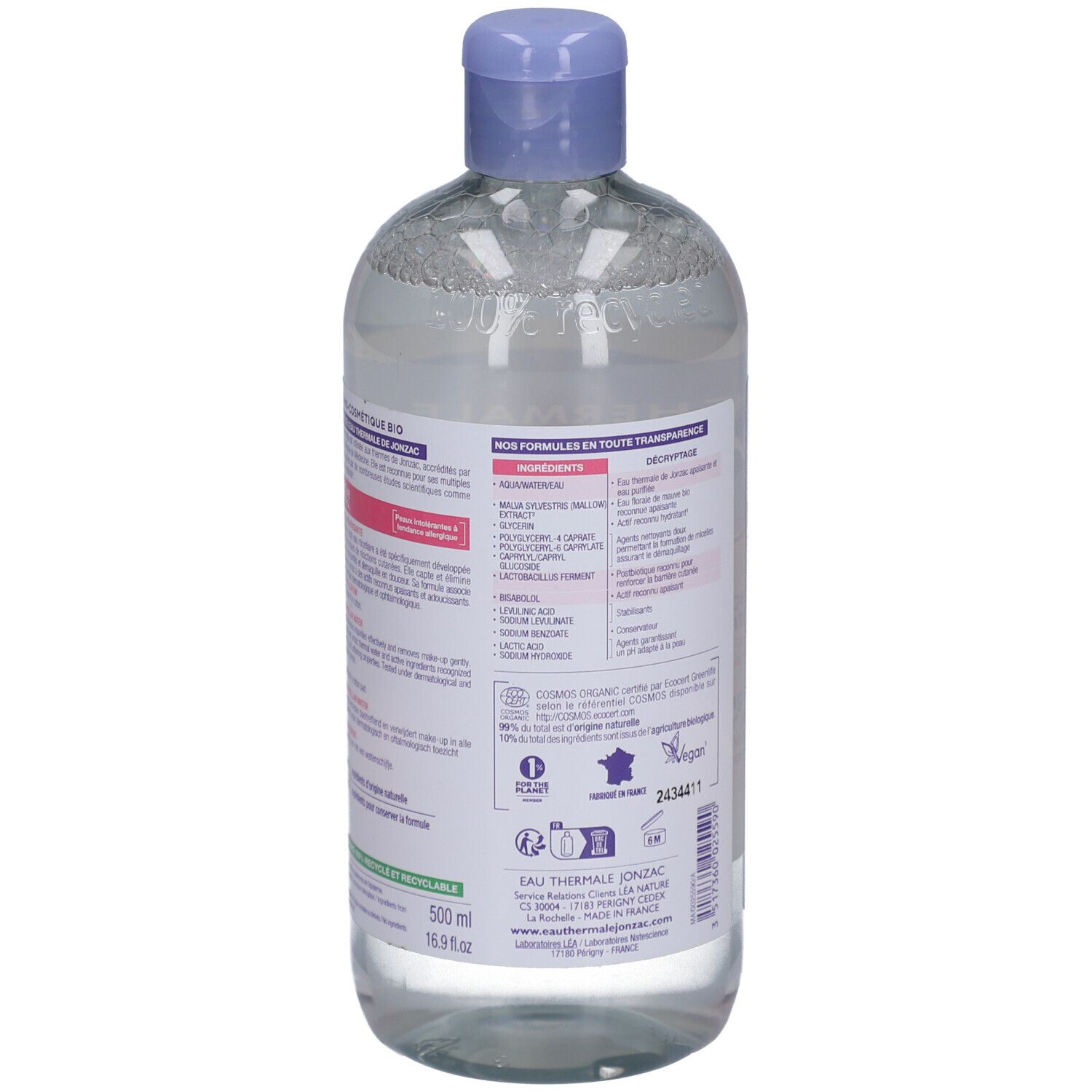 Rückseite der Flasche. Textinformationen, Inhaltsstoffe und Zertifizierungen. 500 ml. Vegan.