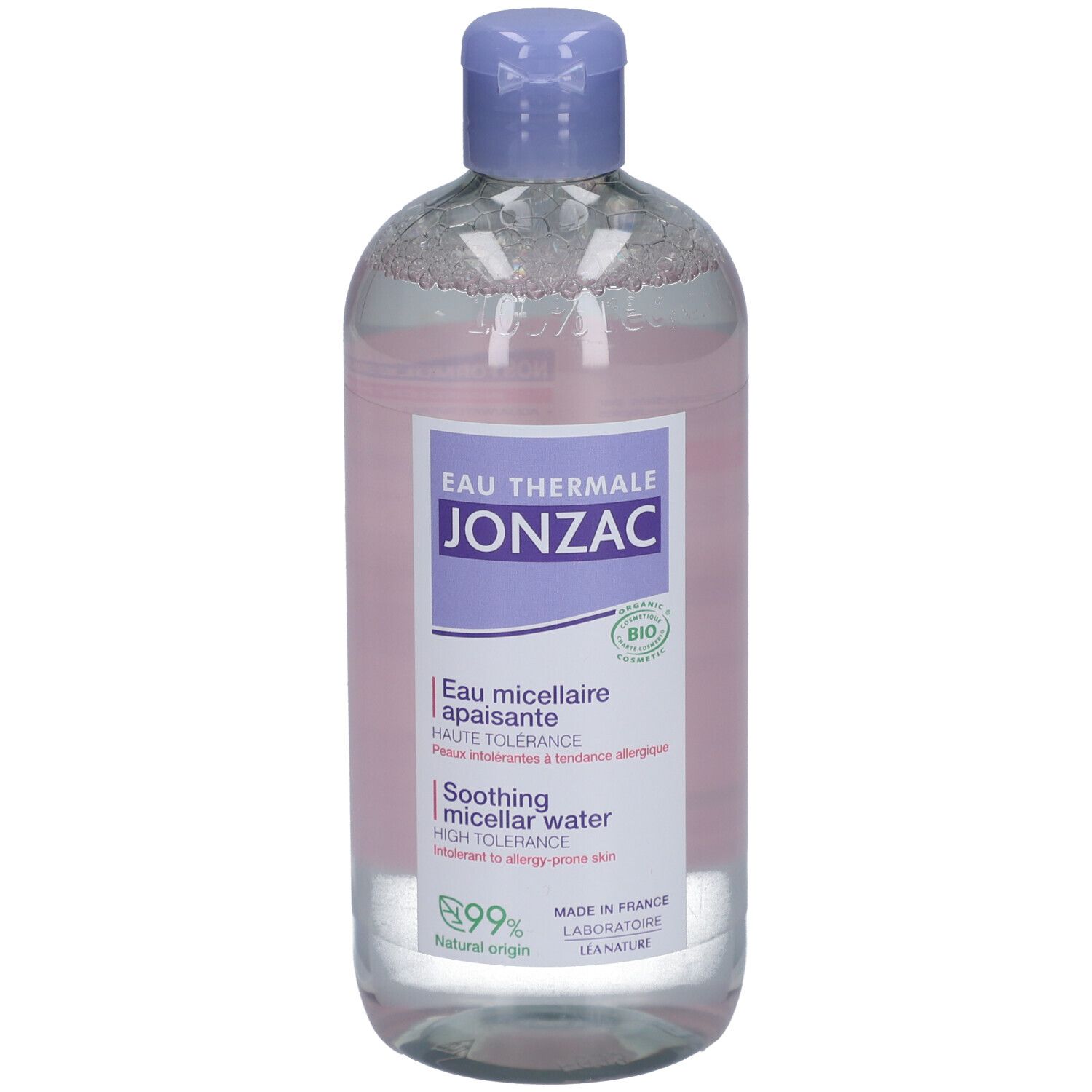 Klare Flasche mit blauem Deckel. Etikett mit Produktnamen und Bio-Siegel. Französische und englische Texte.