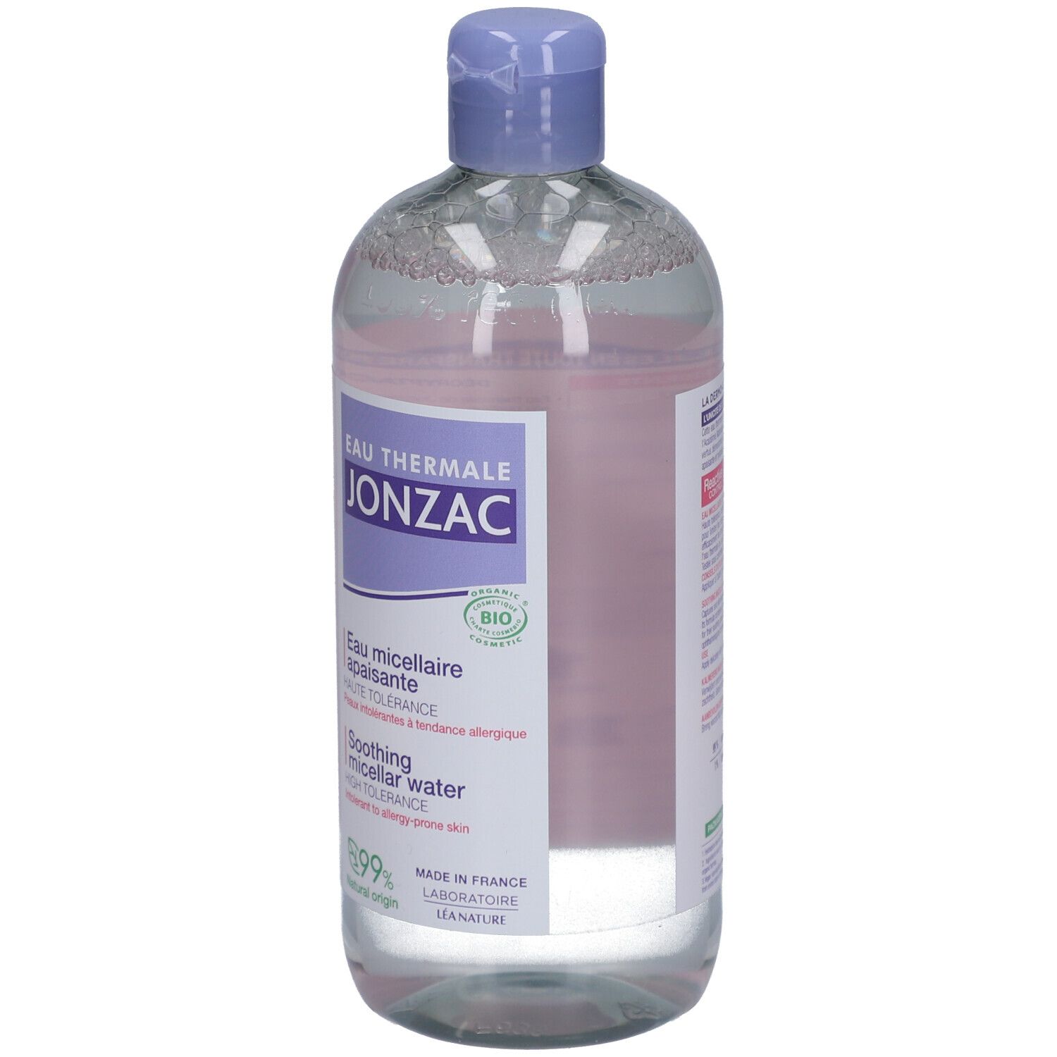 Flasche, leicht schräg. Etikett mit Produktinformationen. Bio-Siegel. Französische und englische Texte.
