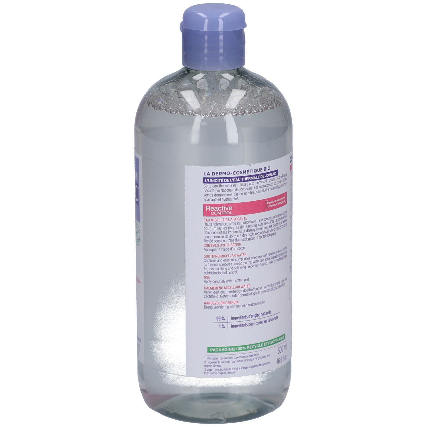 Rückseite der Flasche. Textinformationen, Inhaltsstoffe und Zertifizierungen. 500 ml. Recycelbar.
