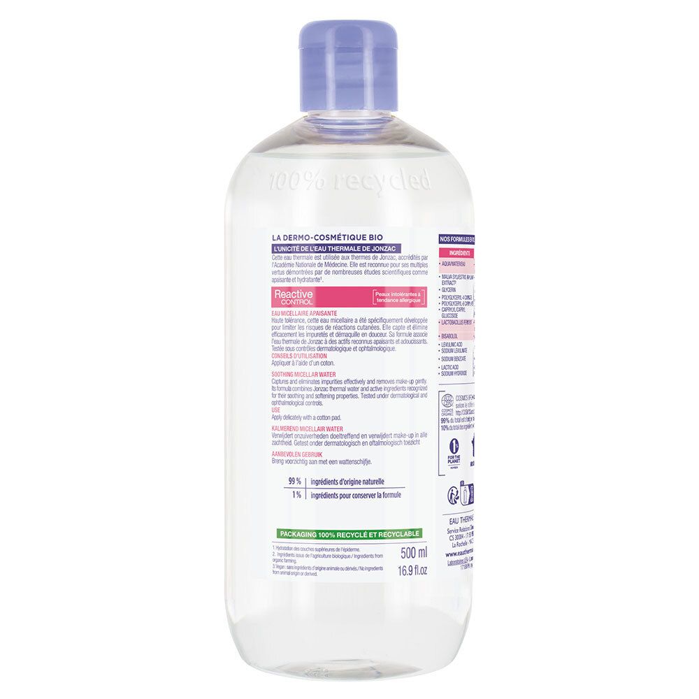 Rückseite der Flasche. Textinformationen, Inhaltsstoffe und Zertifizierungen. 500 ml. Recycelbar.