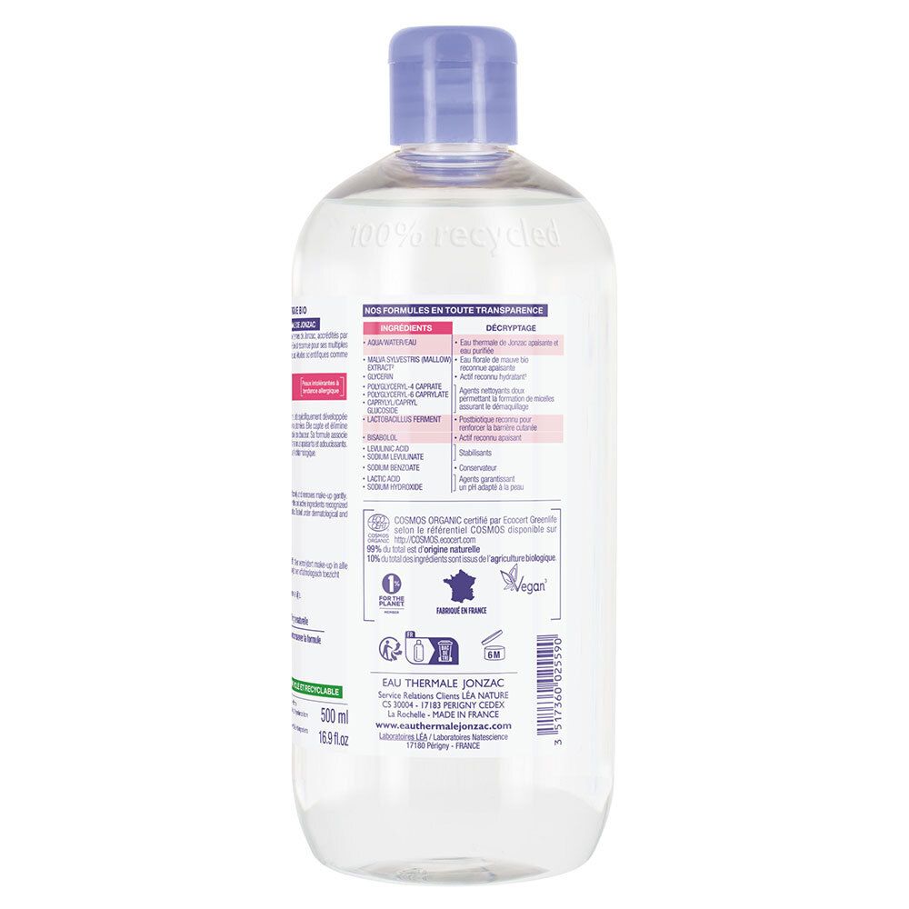 Rückseite der Flasche. Textinformationen, Inhaltsstoffe und Zertifizierungen. 500 ml. Vegan.