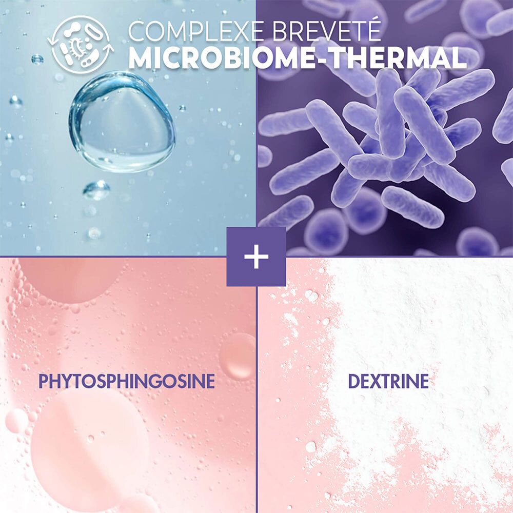 Quatre éléments: bulle d'eau, bactéries, phytosphingosine et dextrine. Inscription: Complexe breveté Microbiome-Thermal.