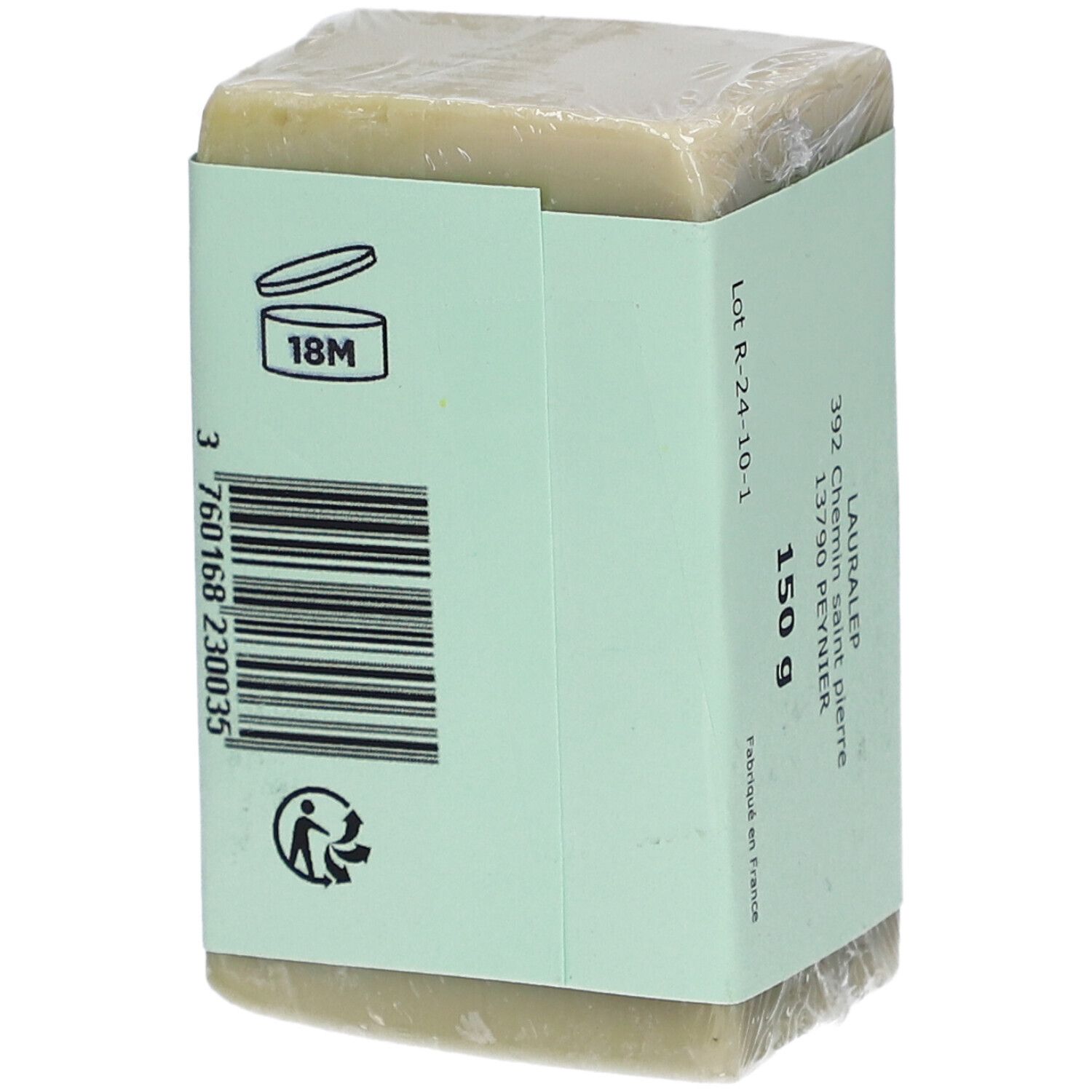 Savon emballé avec étiquette. Code-barres, symbole de durée de vie et de recyclage. Verso du produit.