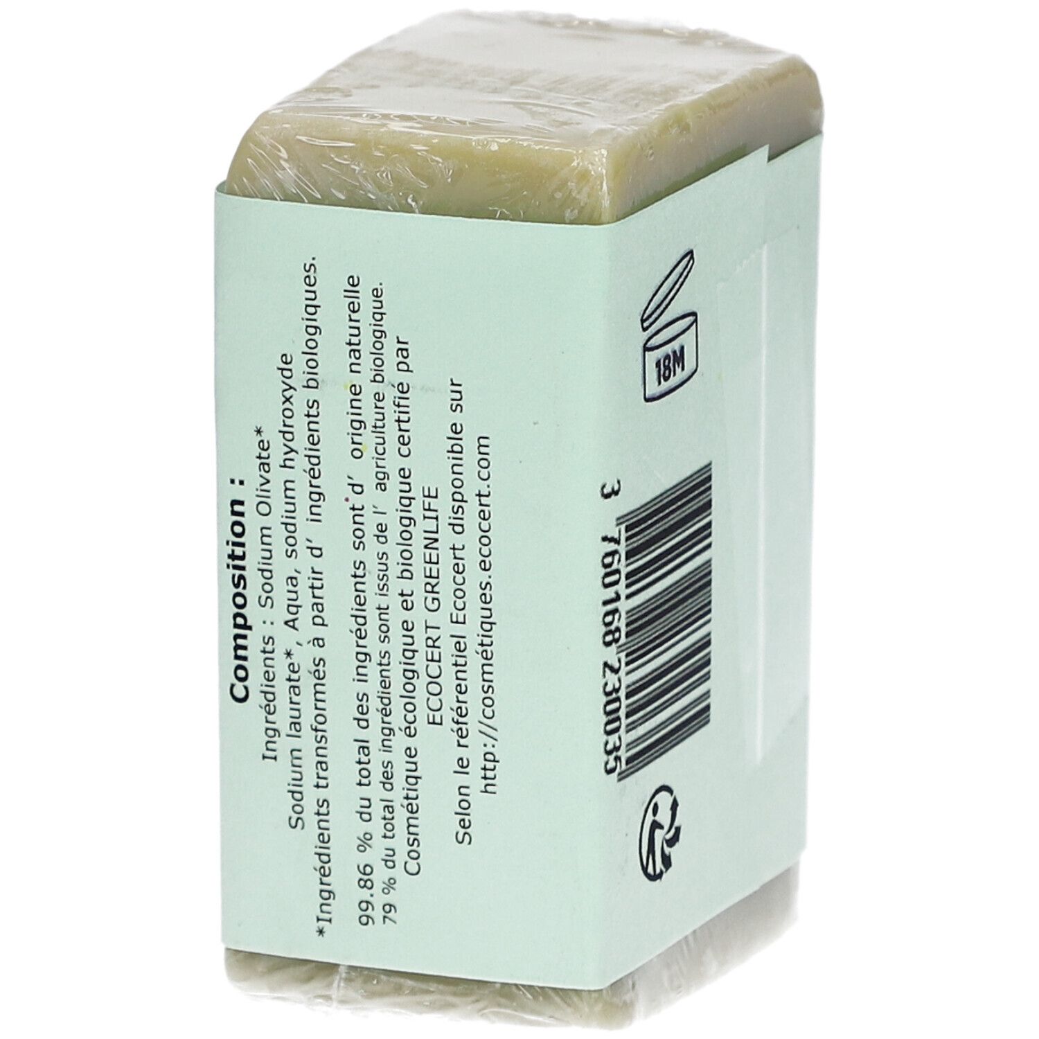 Savon emballé avec étiquette. Ingrédients, certification bio et informations fabricant. Vue arrière.