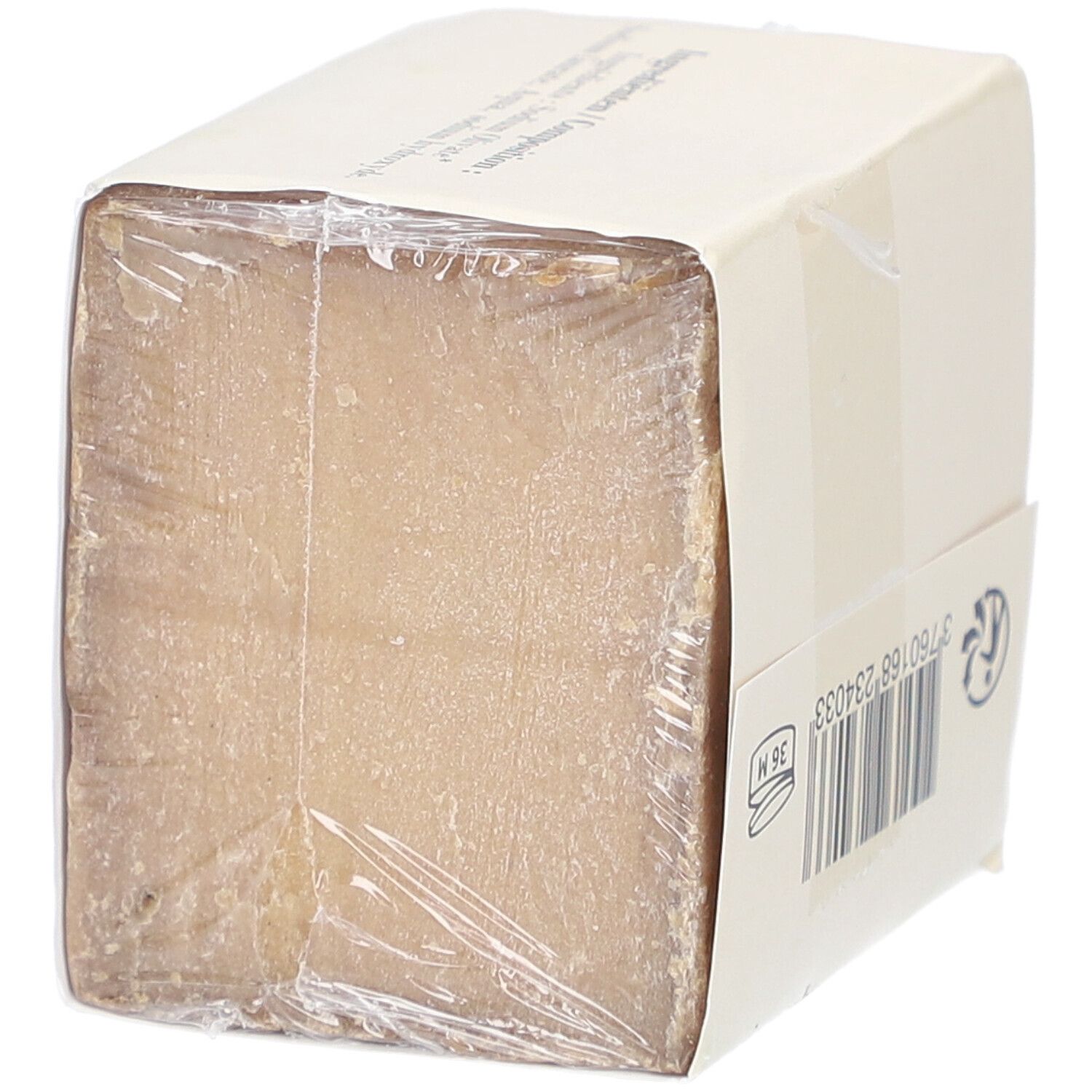 Verpackte Seife. Seitenansicht der Verpackung mit Barcode.