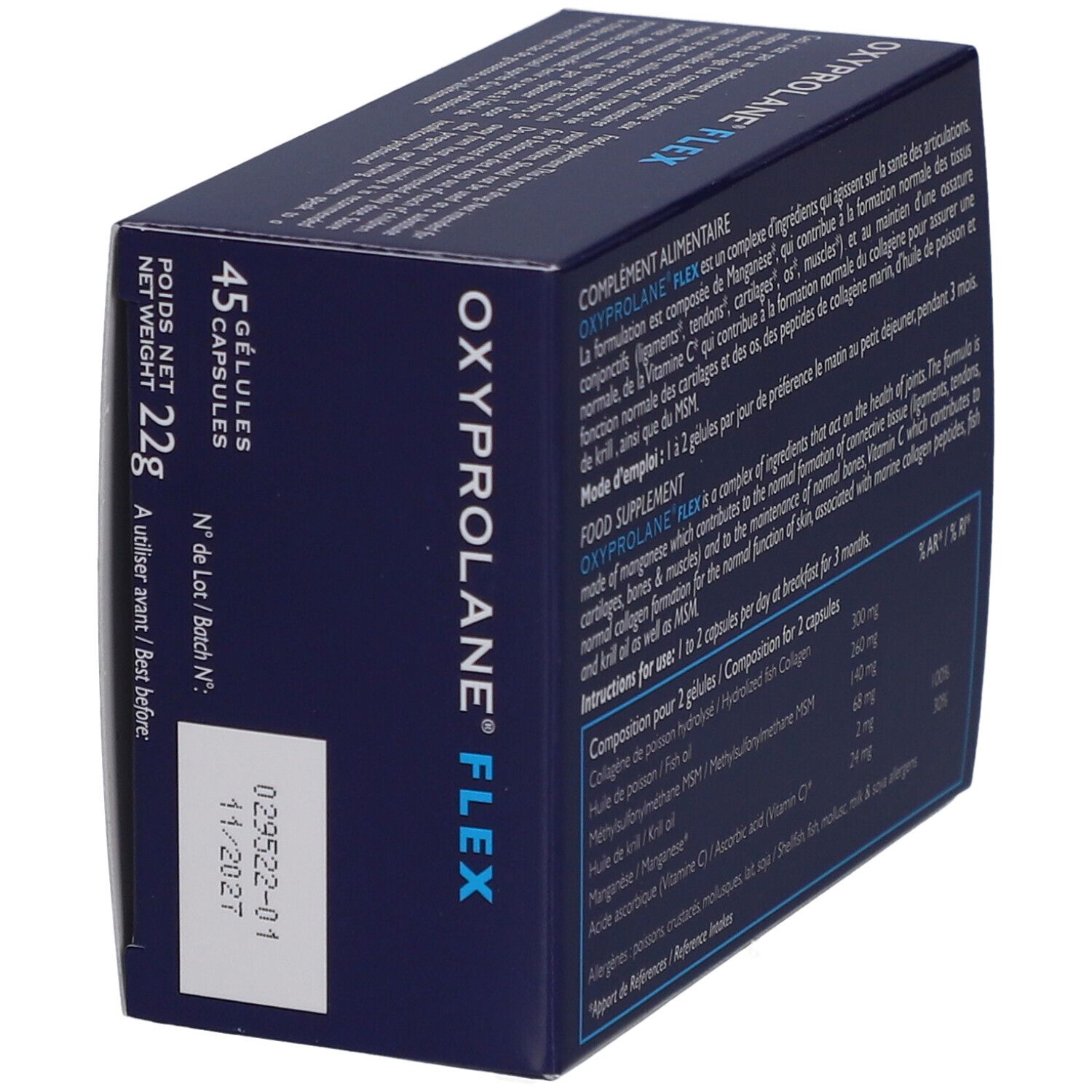 Boîte bleue foncée "OXYPROLANE FLEX". Contient 45 gélules. Texte: Santé Articulations, Mobilité, Capital Osseux. Date de péremption.