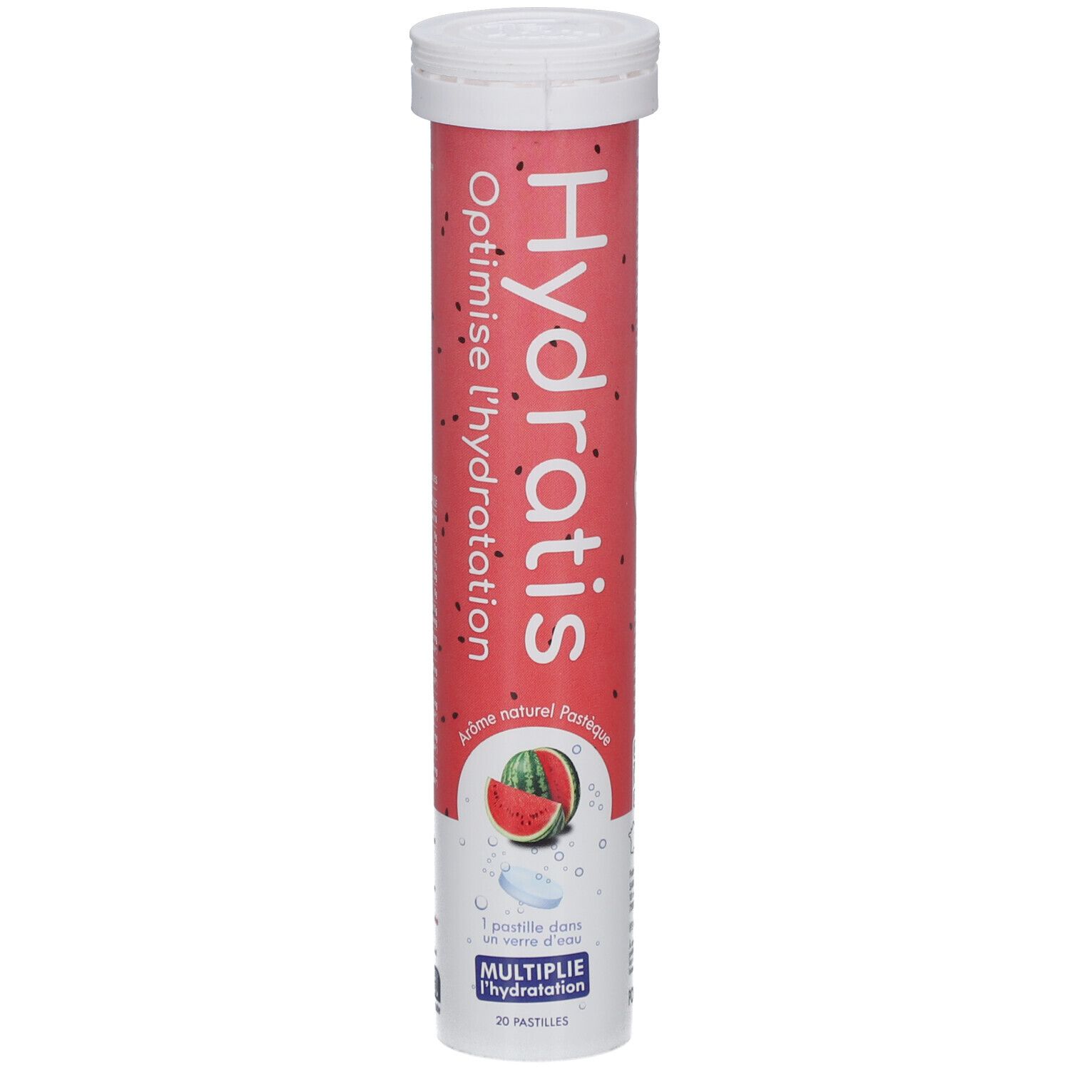 Tube cylindrique de pastilles. Inscription: Hydratis, Optimise l'hydratation. Illustration de pastèque. 20 pastilles.