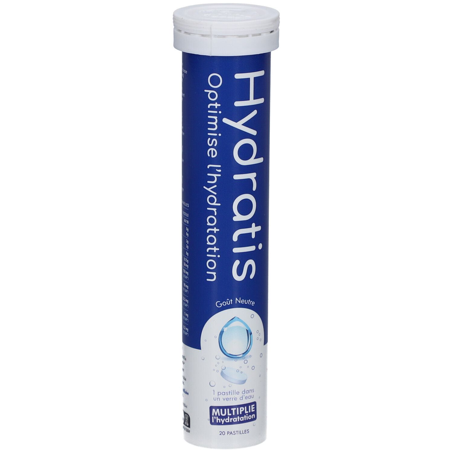 Blaue Tube mit weißem Deckel. Aufschrift: Hydratis, Optimise l'hydratation, Goût Neutre. 20 Pastilles.