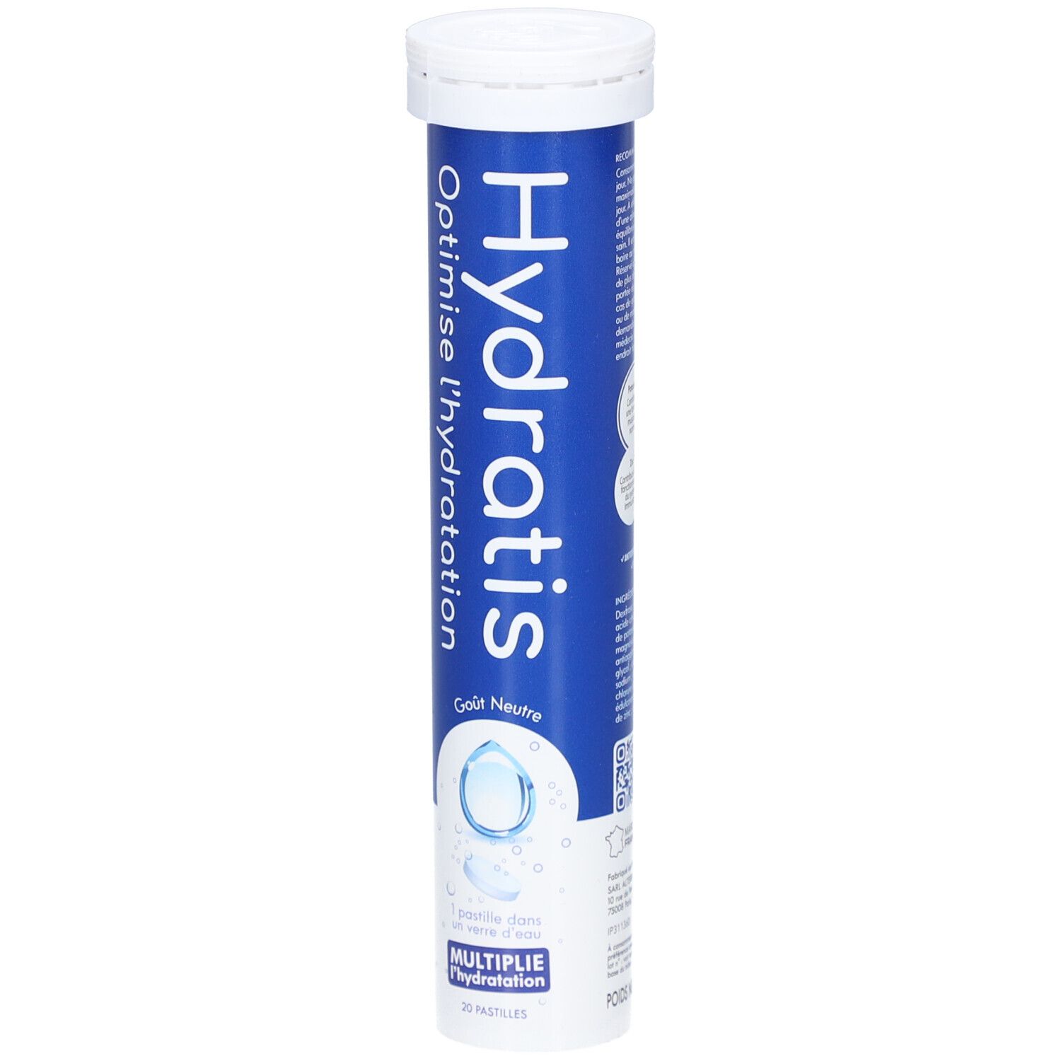 Blaue Tube mit weißem Deckel. Aufschrift: Hydratis, Optimise l'hydratation, Goût Neutre. 20 Pastilles.
