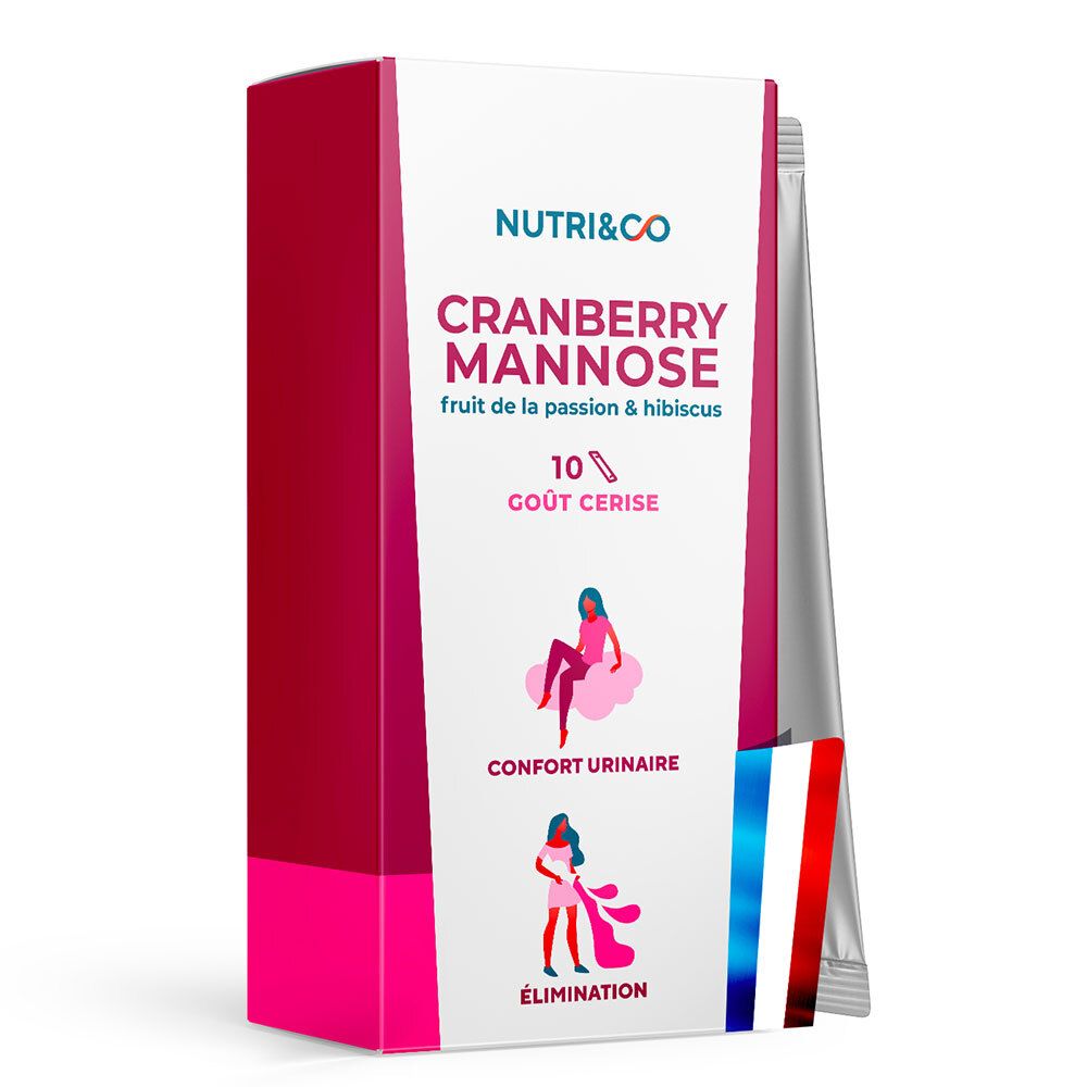 Boîte NUTRI&CO Cranberry Mannose, 10 sticks goût cerise. Illustrations de confort urinaire et élimination.