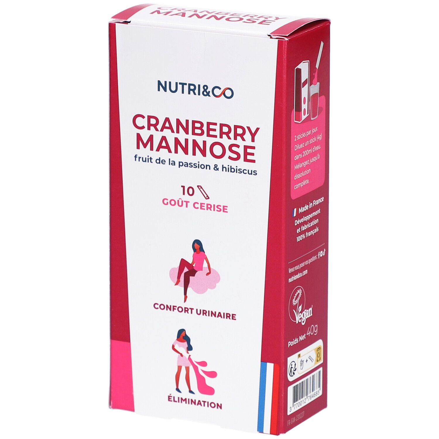 Boîte NUTRI&CO Cranberry Mannose, 10 sticks goût cerise. Illustrations de confort urinaire et élimination.