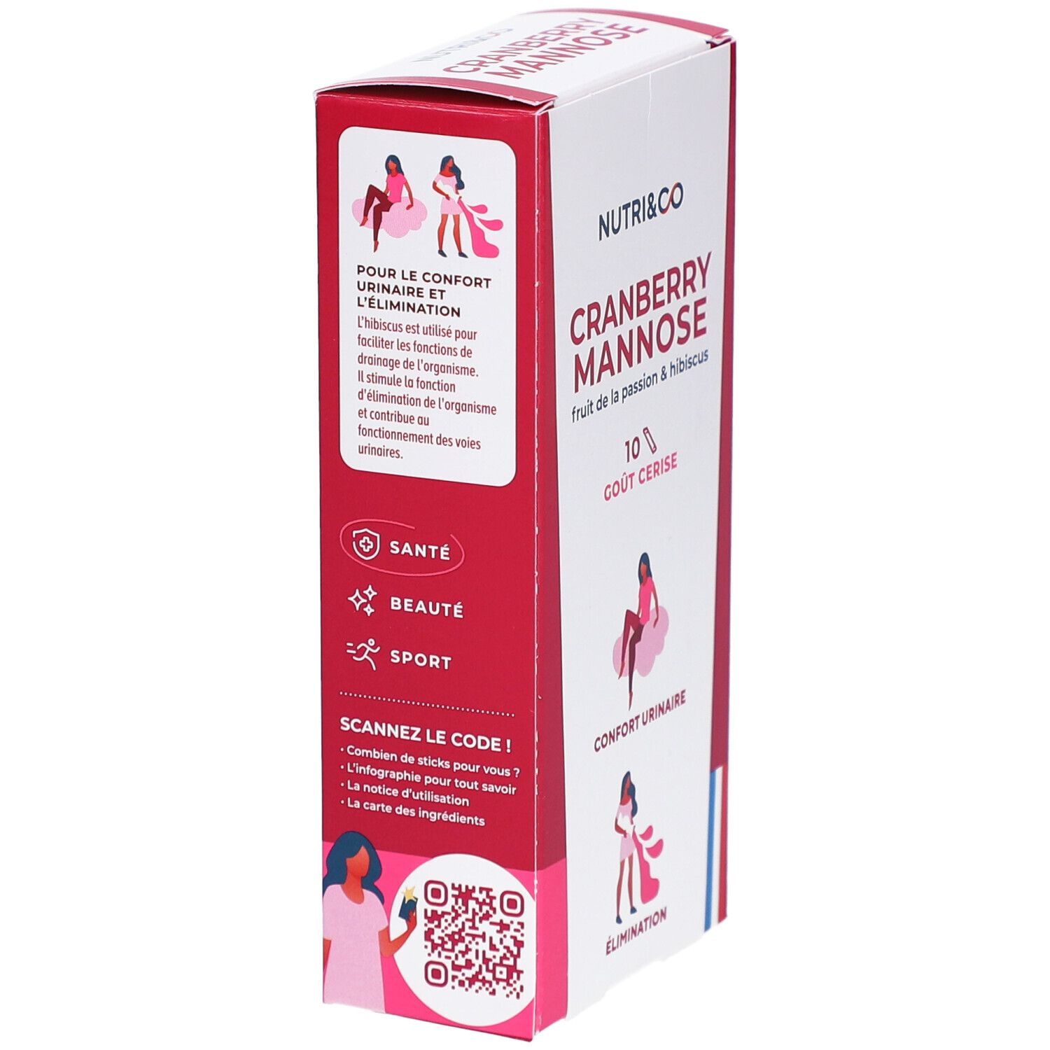 Boîte NUTRI&CO Cranberry Mannose, 10 sticks goût cerise. Illustrations de confort urinaire et élimination.