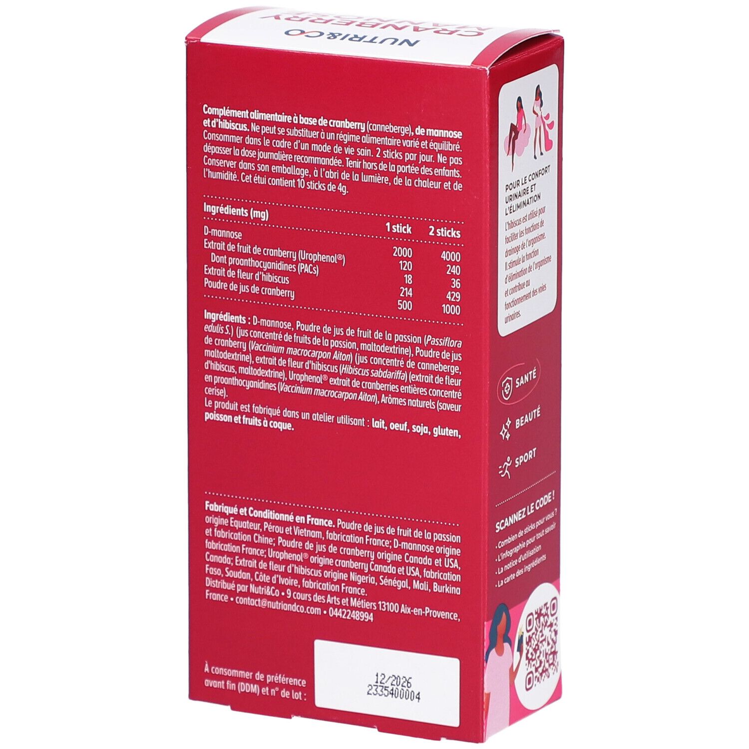 Dos de la boîte NUTRI&CO Cranberry Mannose. Ingrédients, informations nutritionnelles, et informations de fabrication.