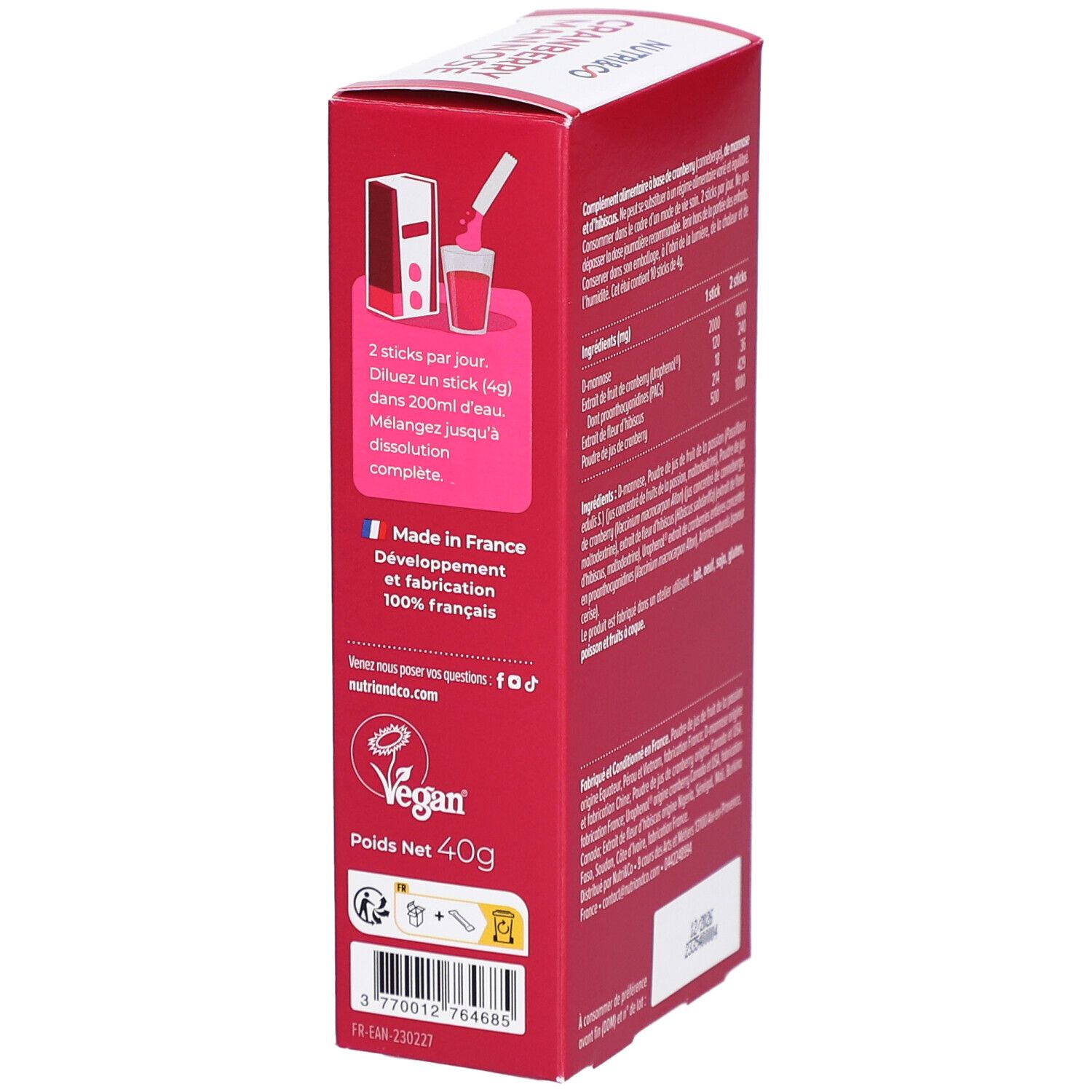 Côté de la boîte NUTRI&CO Cranberry Mannose. Informations sur l'utilisation et les ingrédients.