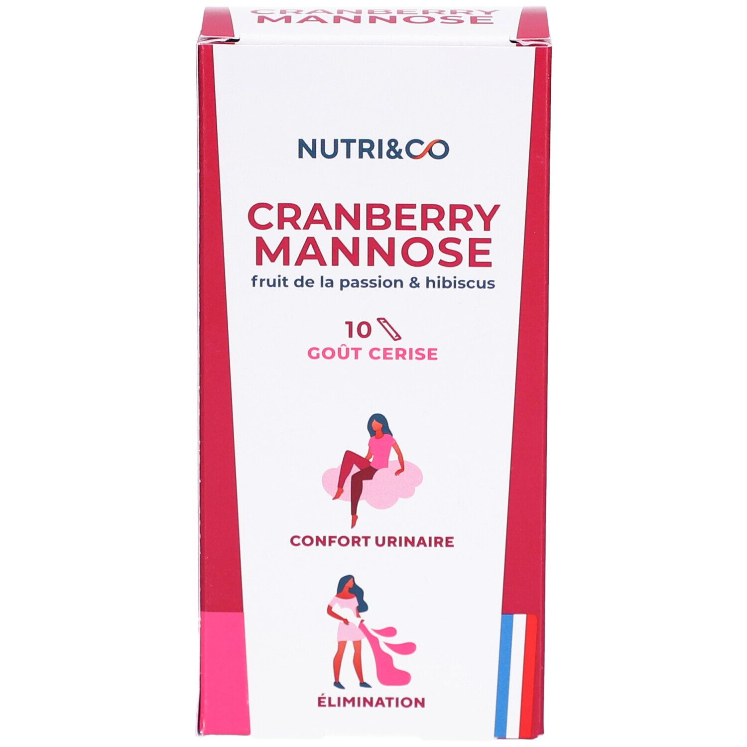 Boîte NUTRI&CO Cranberry Mannose, 10 sticks goût cerise. Illustrations de confort urinaire et élimination.