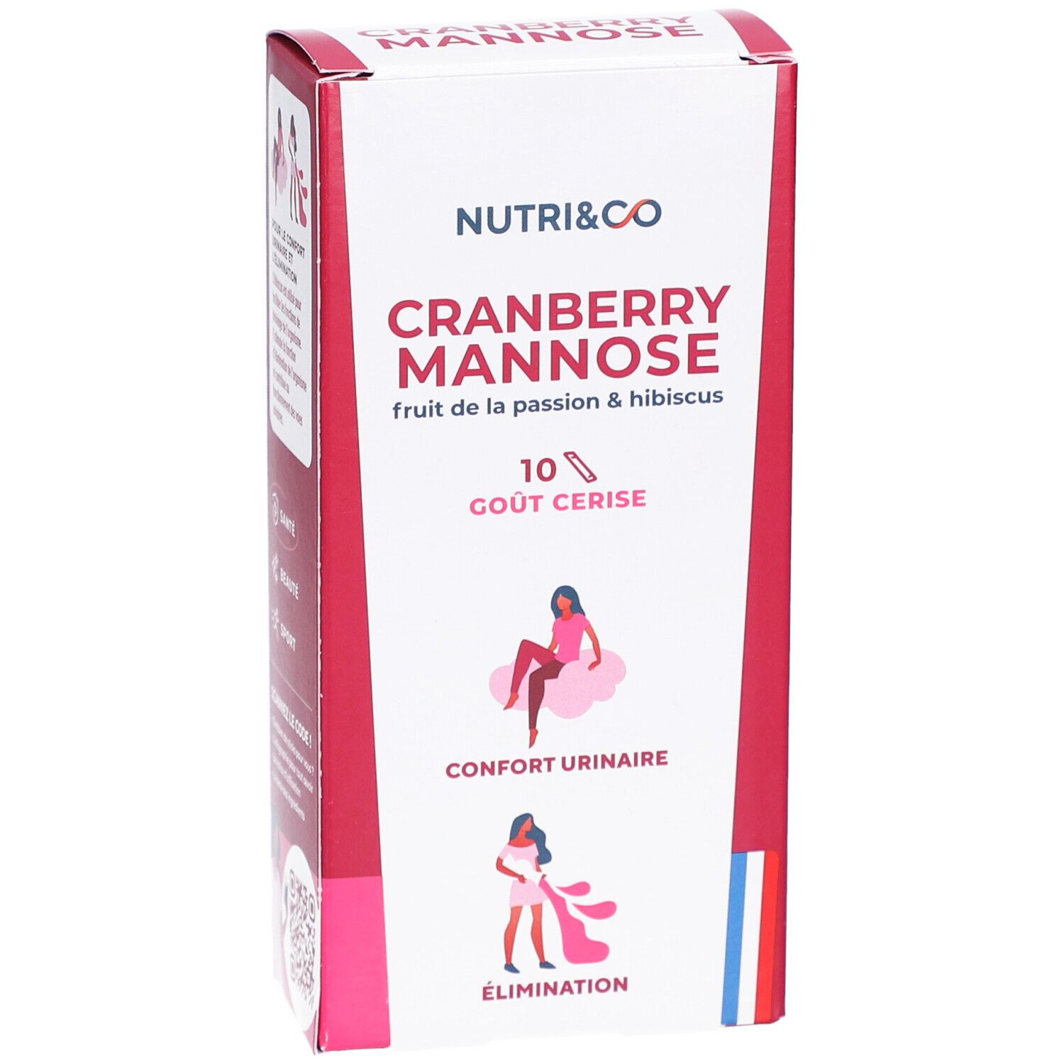 Boîte NUTRI&CO Cranberry Mannose, 10 sticks goût cerise. Illustrations de confort urinaire et élimination.