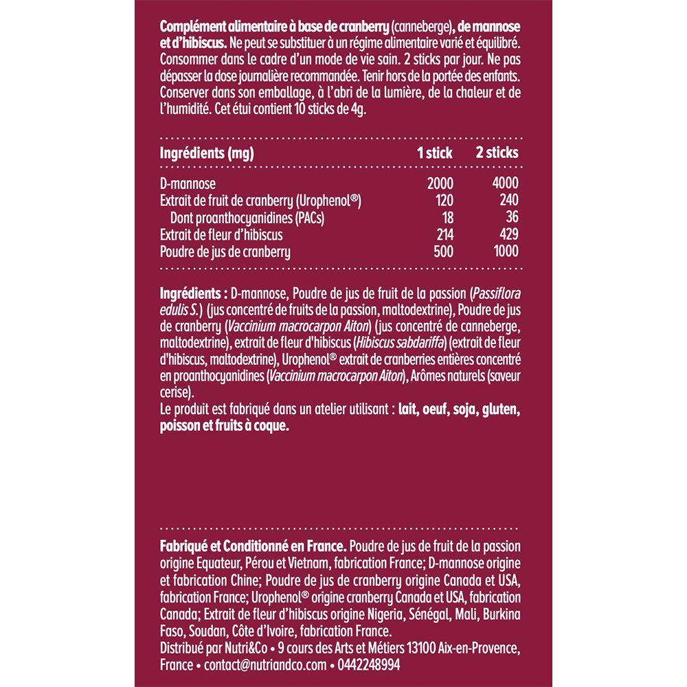 Dos de la boîte NUTRI&CO Cranberry Mannose. Ingrédients, informations nutritionnelles, et informations de fabrication.