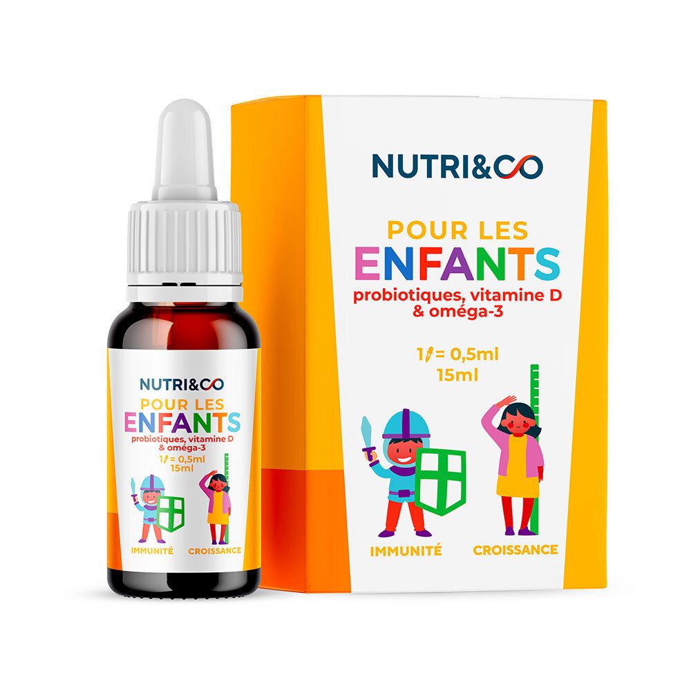 Tropfenflasche und Verpackung von NUTRI&CO Pour les Enfants. Enthält Probiotika, Vitamin D und Omega-3. 15 ml.