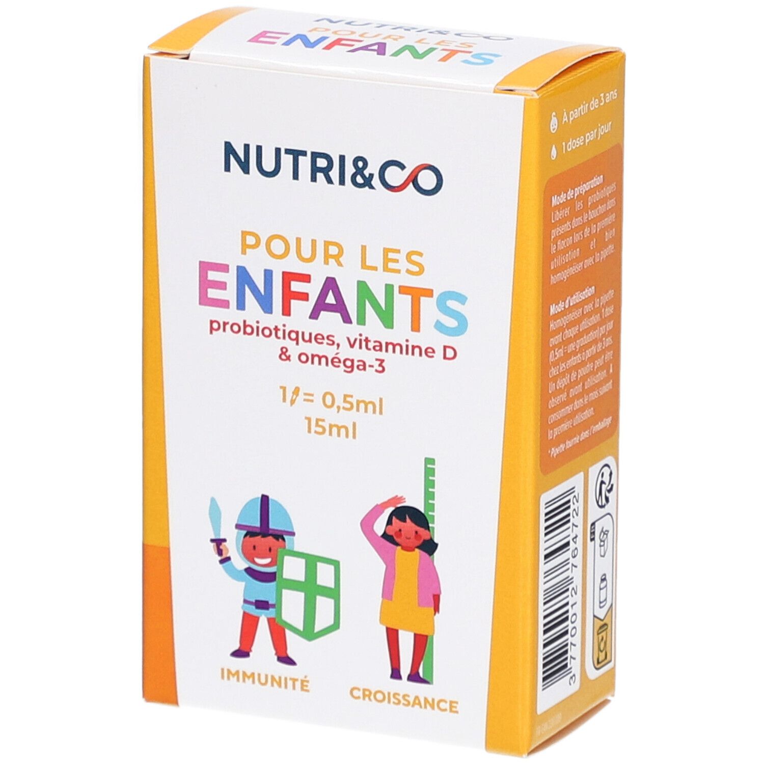Verpackung von NUTRI&CO Pour les Enfants. Enthält Probiotika, Vitamin D und Omega-3. 15 ml. Illustrationen.