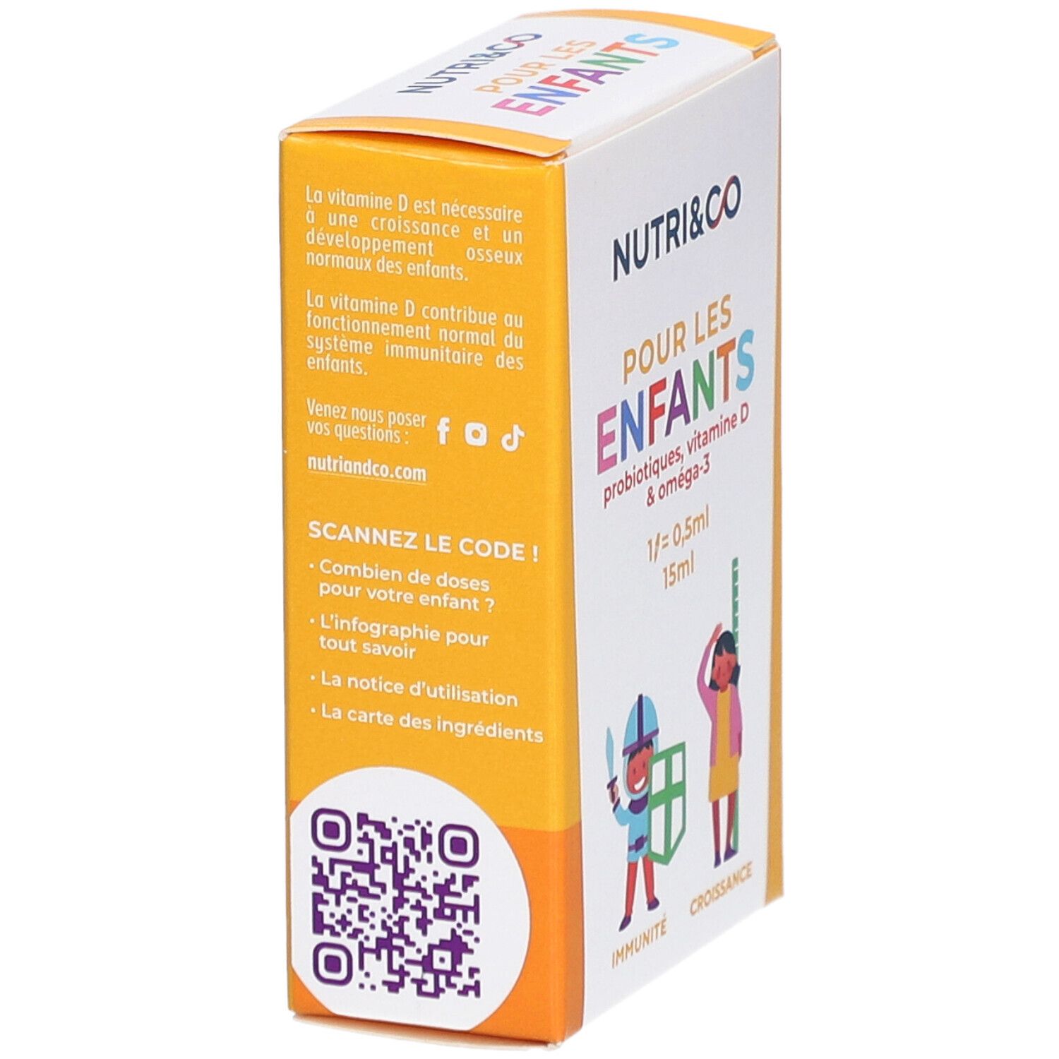 Verpackung von NUTRI&CO Pour les Enfants. Enthält Probiotika, Vitamin D und Omega-3. 15 ml. QR-Code.