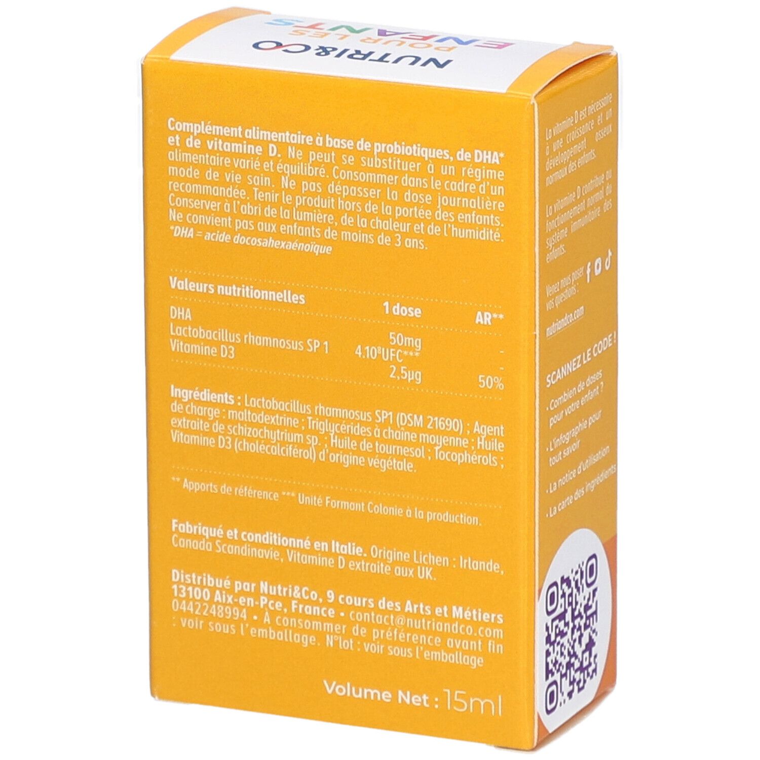 Rückseite der Verpackung von NUTRI&CO Pour les Enfants. Enthält Nährwertangaben und Inhaltsstoffe. 15 ml.