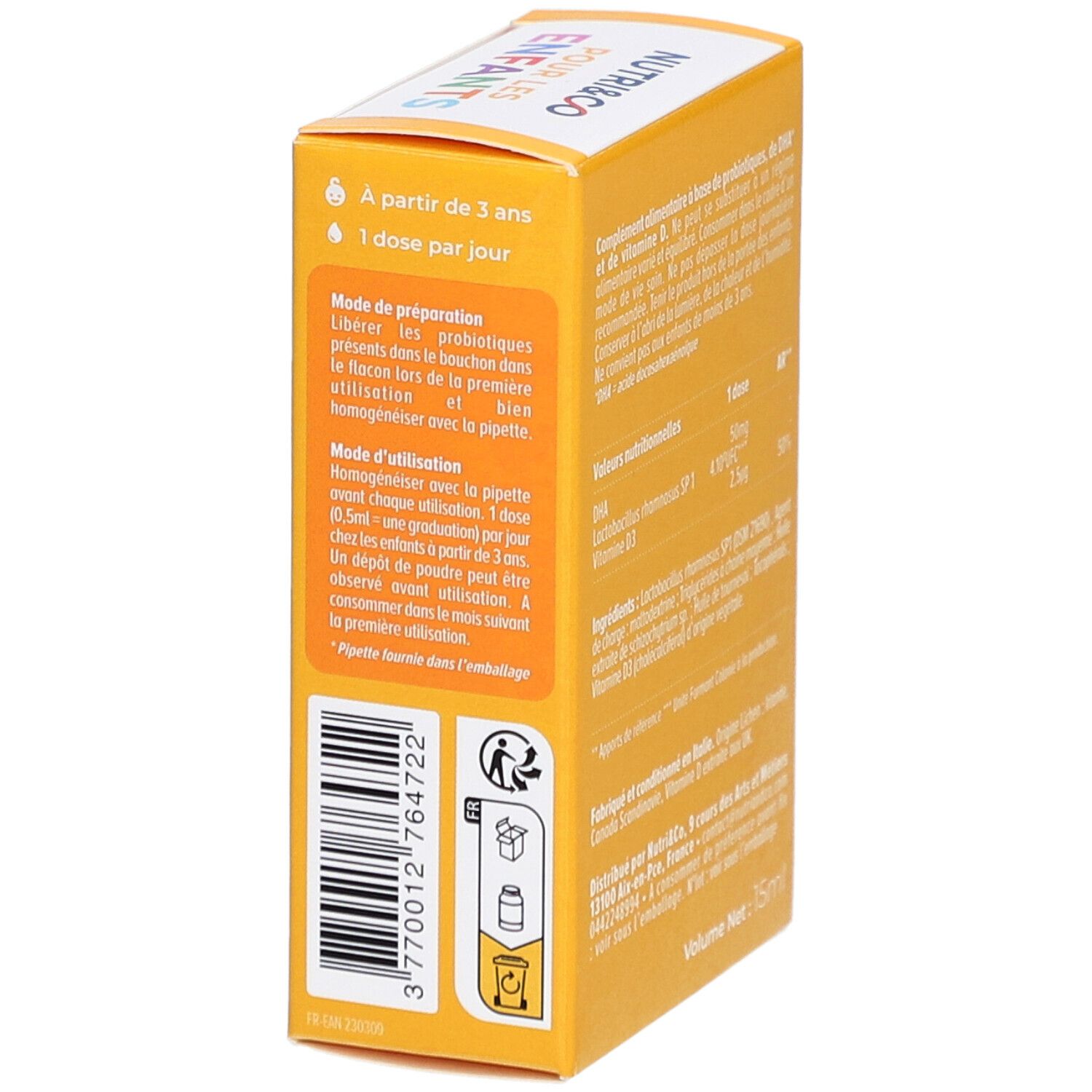 Detailansicht der Verpackung von NUTRI&CO Pour les Enfants. Enthält Anweisungen und Dosierung. 15 ml.