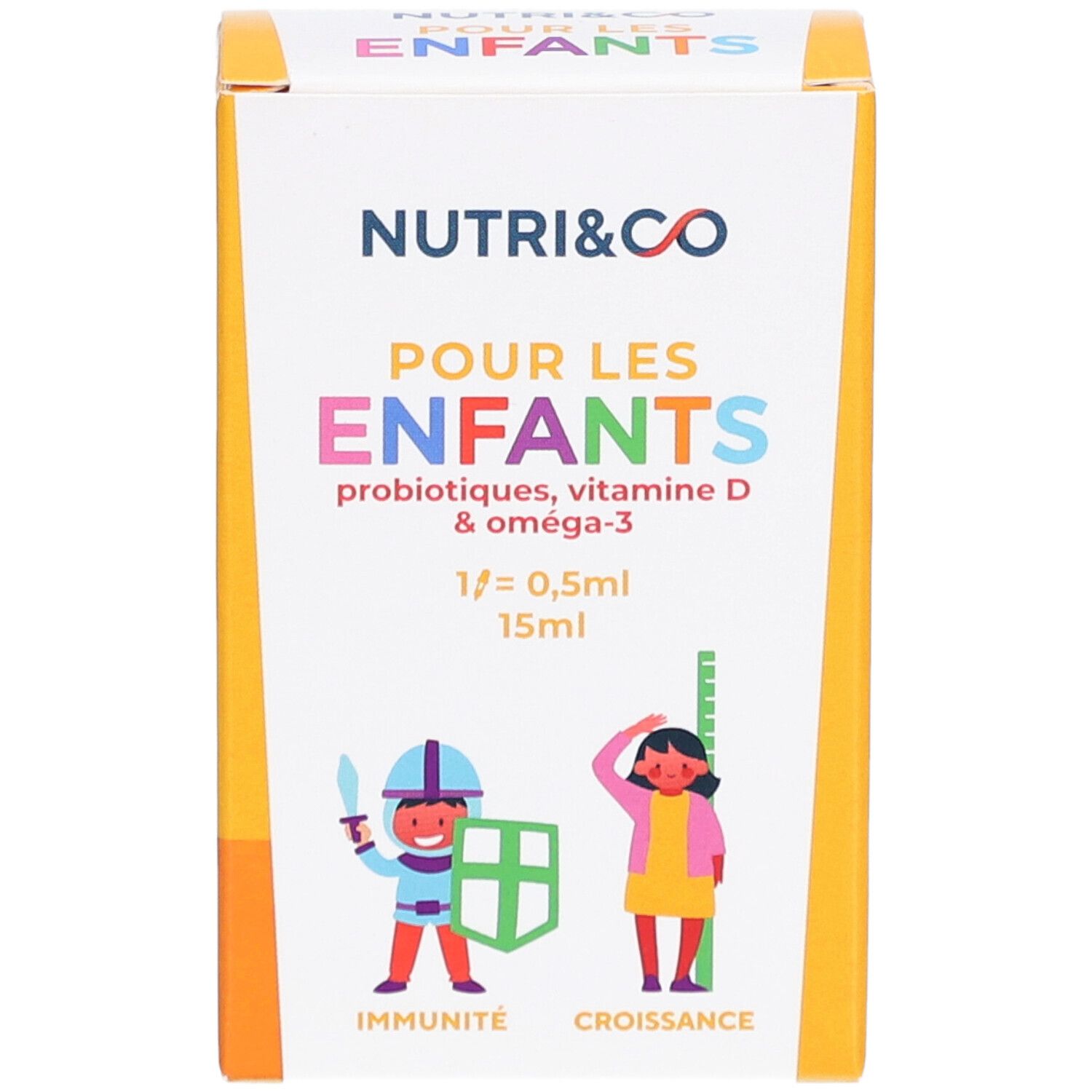 Vorderseite der Verpackung von NUTRI&CO Pour les Enfants. Enthält Probiotika, Vitamin D und Omega-3. 15 ml.