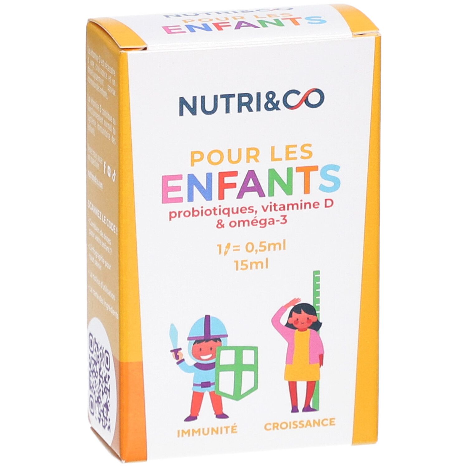 Vorderseite der Verpackung von NUTRI&CO Pour les Enfants. Enthält Probiotika, Vitamin D und Omega-3. 15 ml.