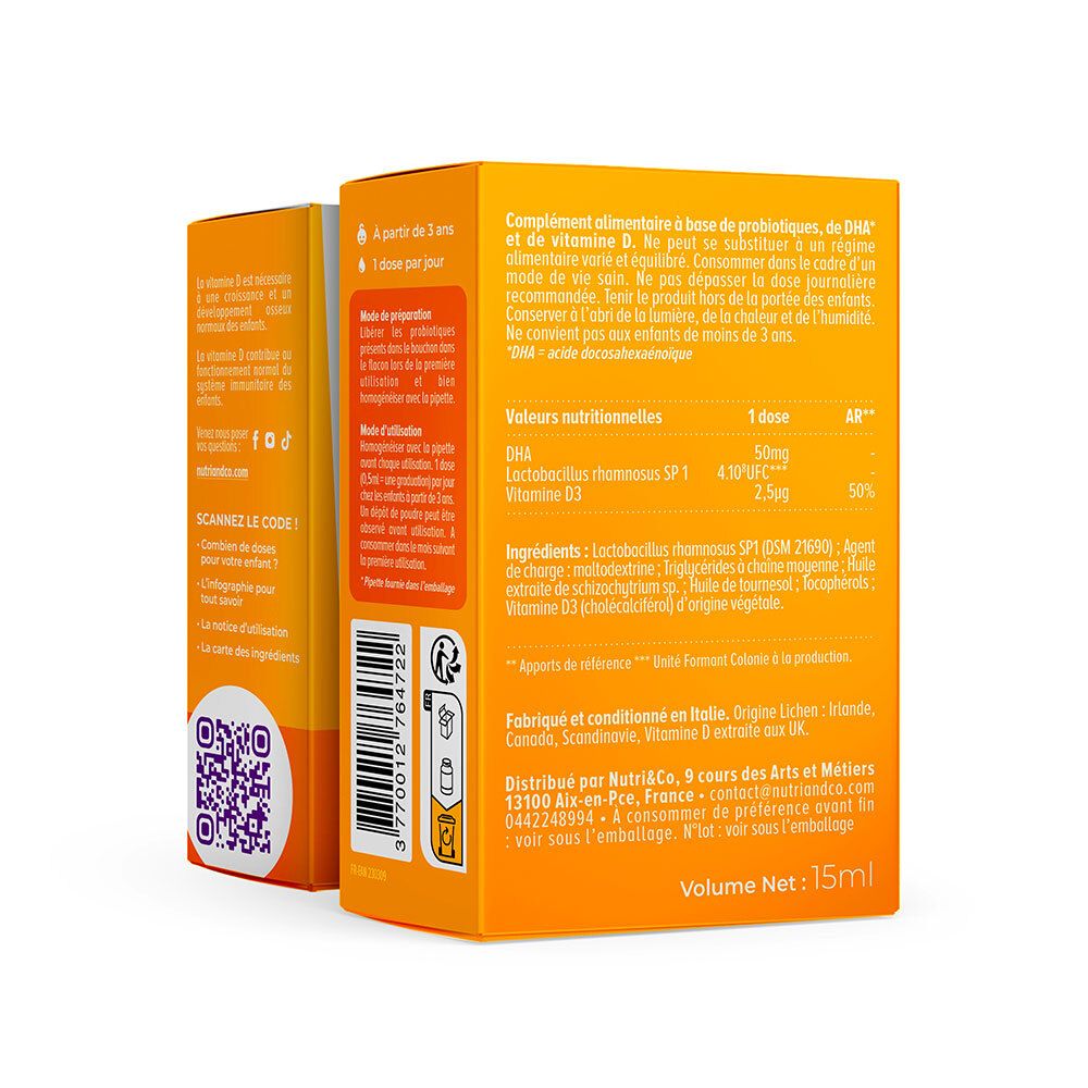 Rückseite der Verpackung von NUTRI&CO Pour les Enfants. Enthält Nährwertangaben und Inhaltsstoffe. 15 ml.
