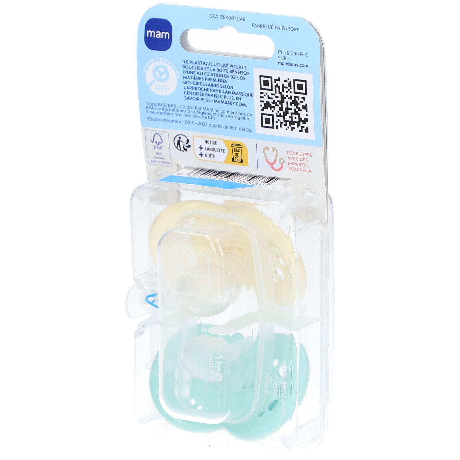 Rückseite der Verpackung mit zwei Schnullern. Marke MAM, Informationen, QR-Code, Zertifizierungen.