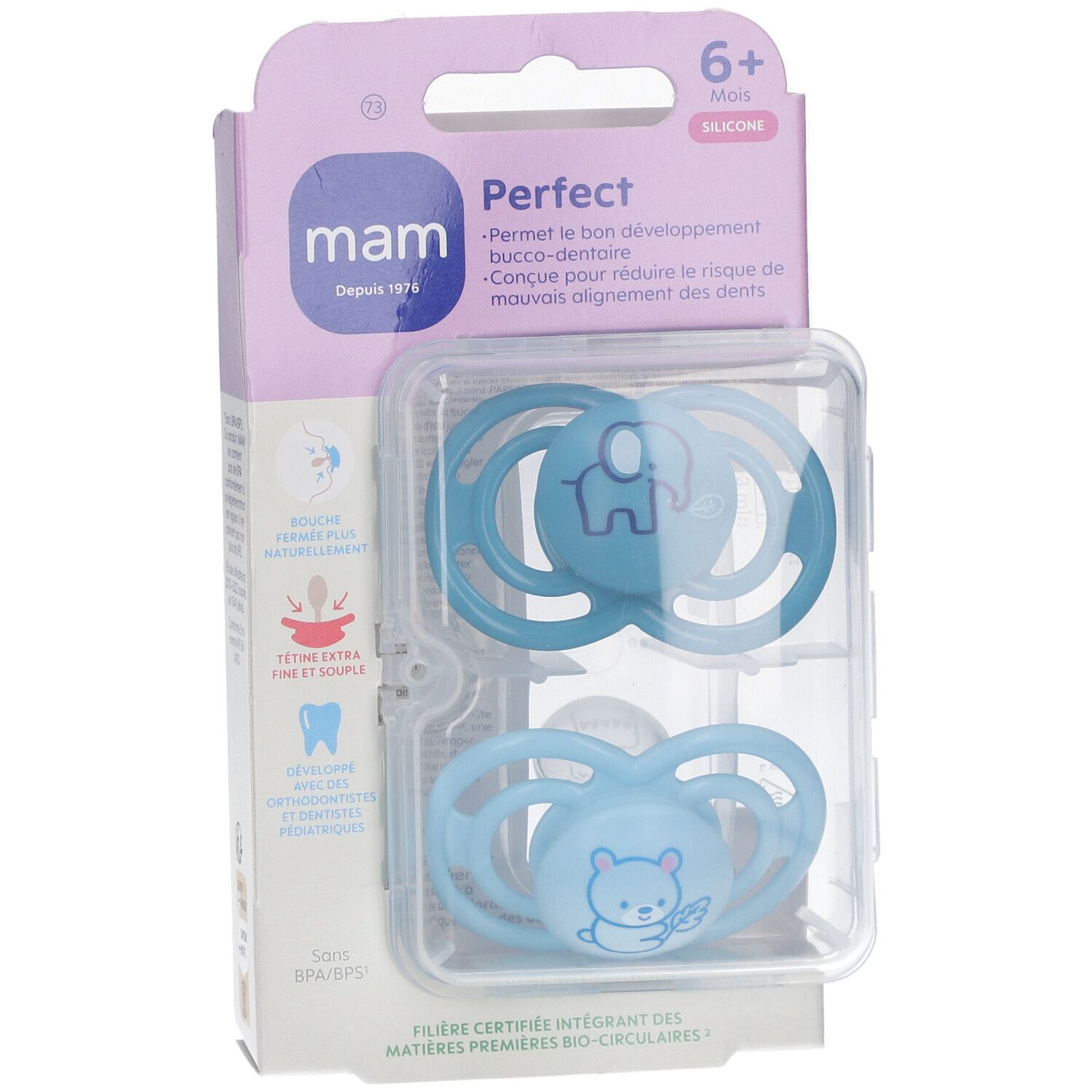 Deux sucettes bleues MAM Perfect dans un emballage. Motifs animaux, recommandation d'âge 6+ mois.