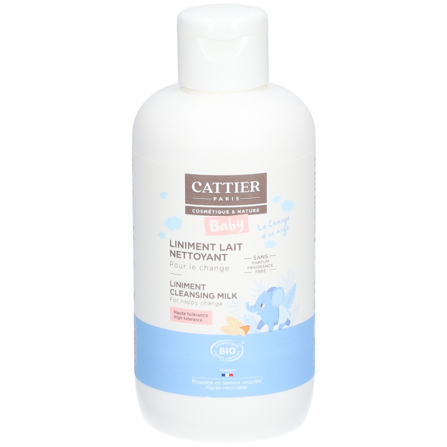 Weiße Flasche mit blauem Streifen. Aufschrift: CATTIER PARIS, BABY, Liniment Lait Nettoyant, Bio-Zertifizierung. Abbildung eines Elefanten.