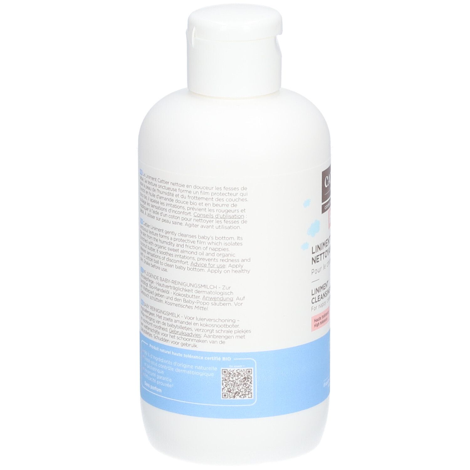 Rückseite der weißen Flasche. Text in mehreren Sprachen. Blauer Streifen am unteren Rand. QR-Code und Informationen.