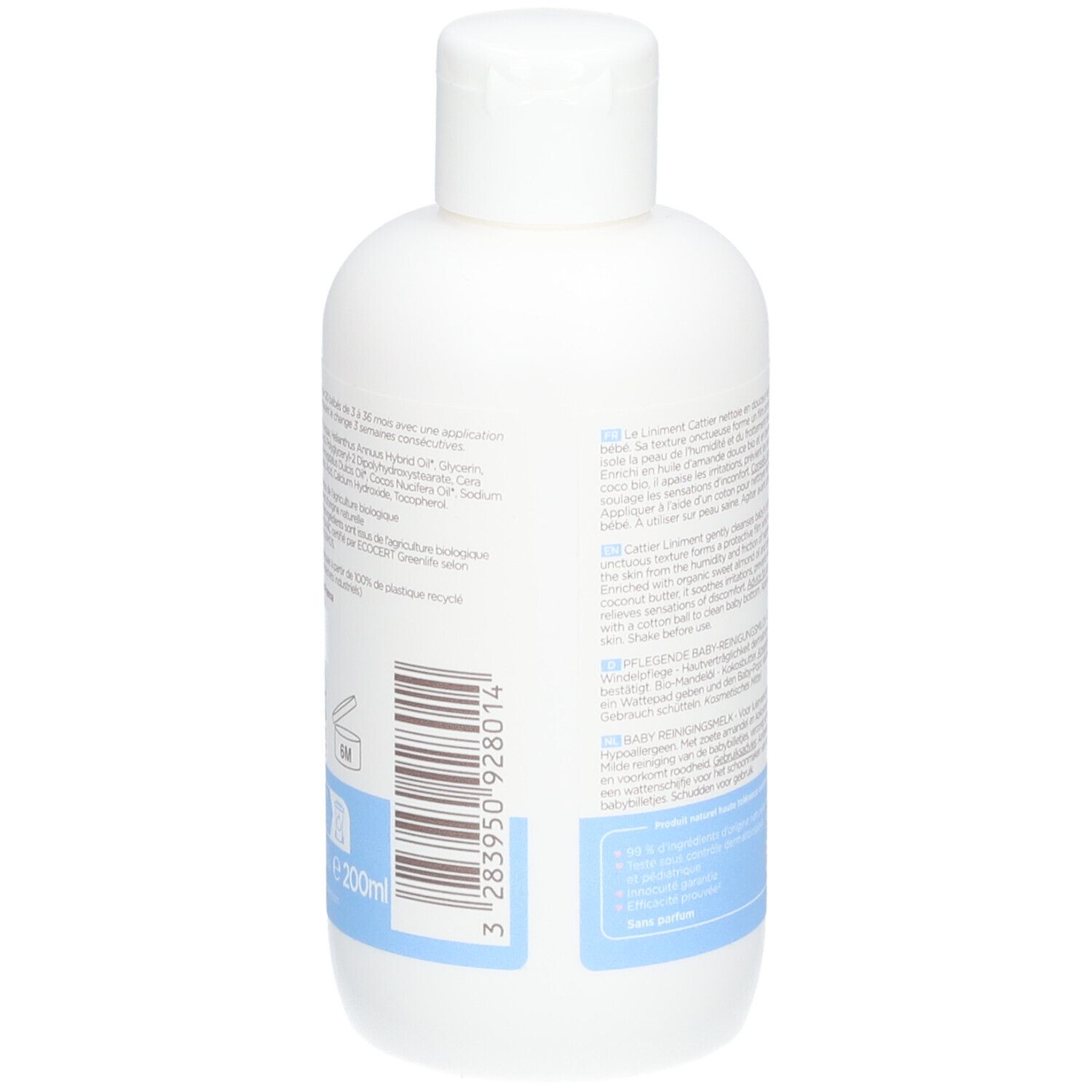 Rückseite der weißen Flasche. Text in mehreren Sprachen. Blauer Streifen am unteren Rand. Volumen: 200ml.