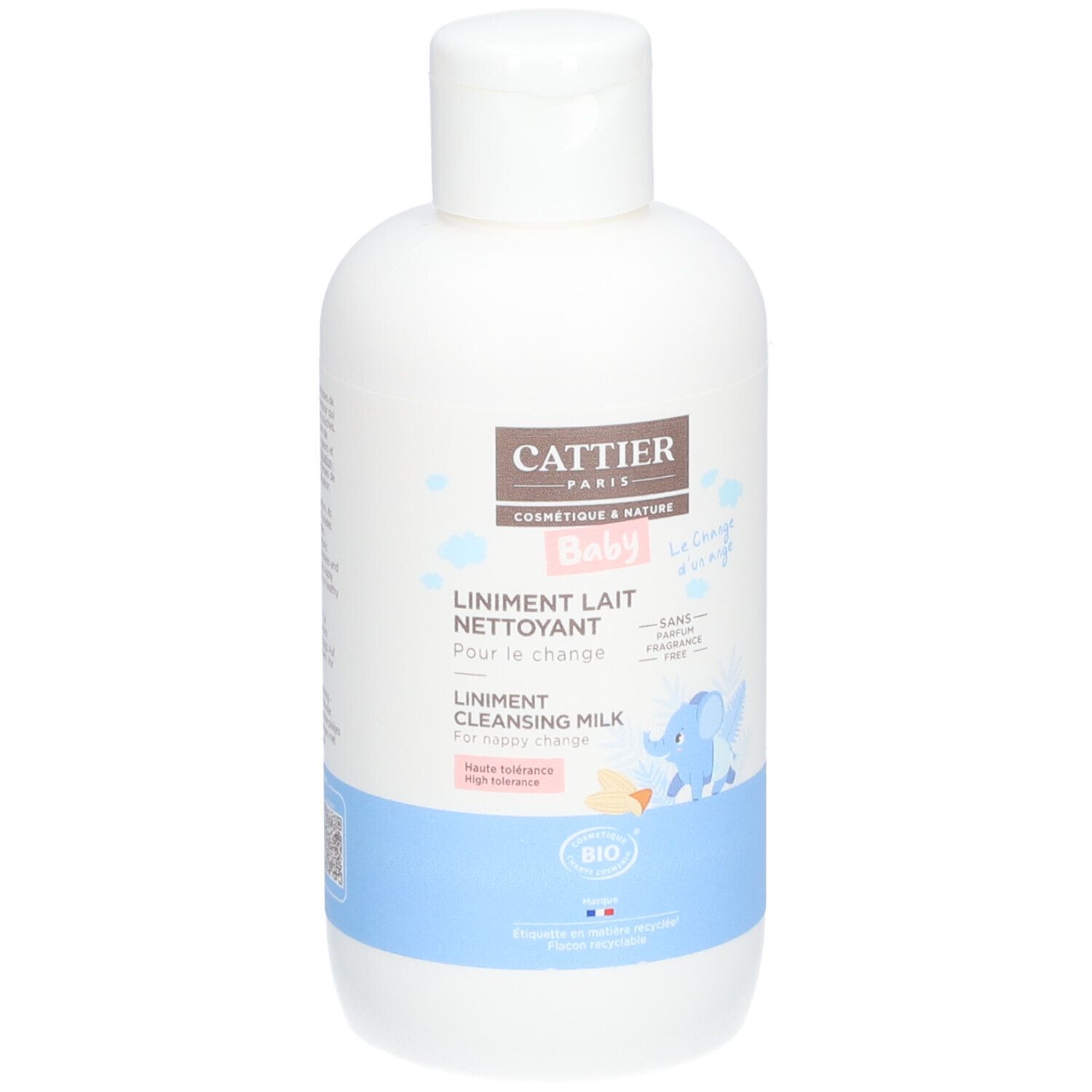 Weiße Flasche mit blauem Streifen. Aufschrift: CATTIER PARIS, BABY, Liniment Lait Nettoyant, Bio-Zertifizierung. Abbildung eines Elefanten.