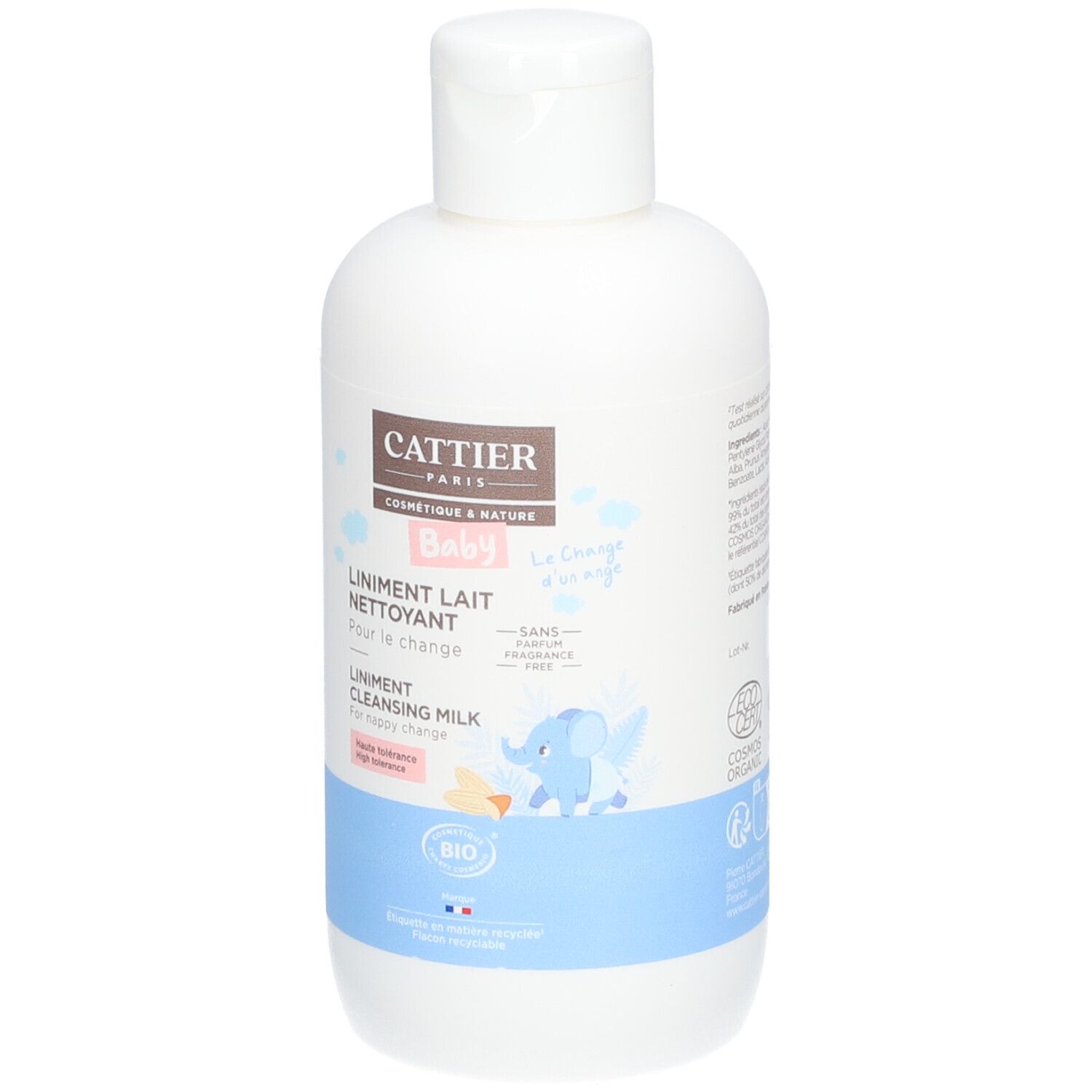 Weiße Flasche mit blauem Streifen. Aufschrift: CATTIER PARIS, BABY, Liniment Lait Nettoyant, Bio-Zertifizierung. Abbildung eines Elefanten.