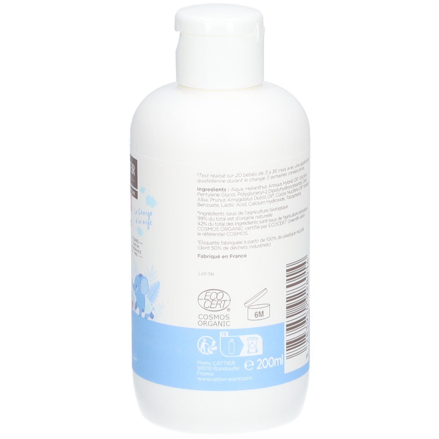 Rückseite der weißen Flasche. Text in mehreren Sprachen. Blauer Streifen am unteren Rand. Logos, Volumen: 200ml.